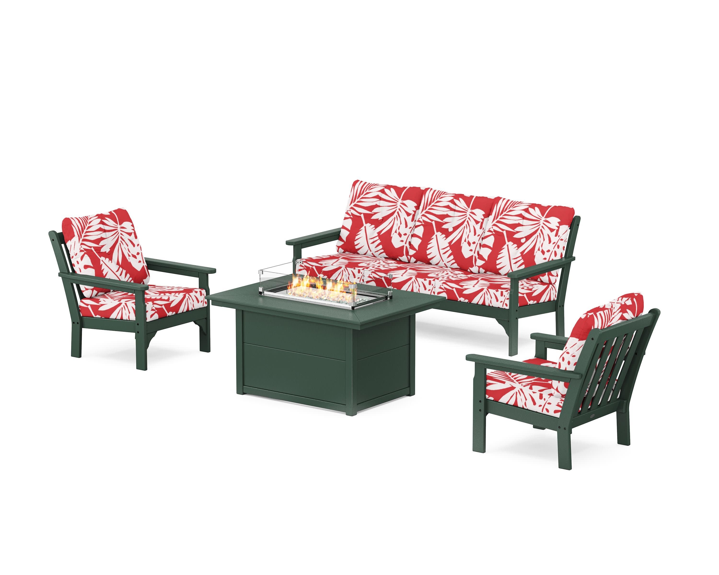 Vineyard Deep Seating Fire Pit Table Set in Green / Leaf Crimson