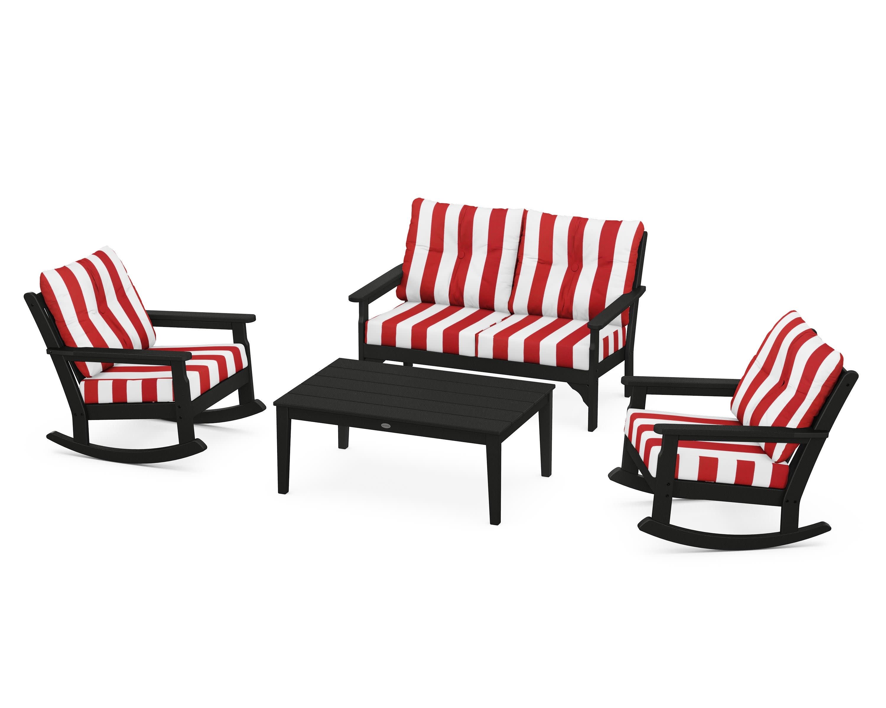 Vineyard 4-Piece Deep Seating Rocking Chair Set in Black / Cabana Stripe Crimson