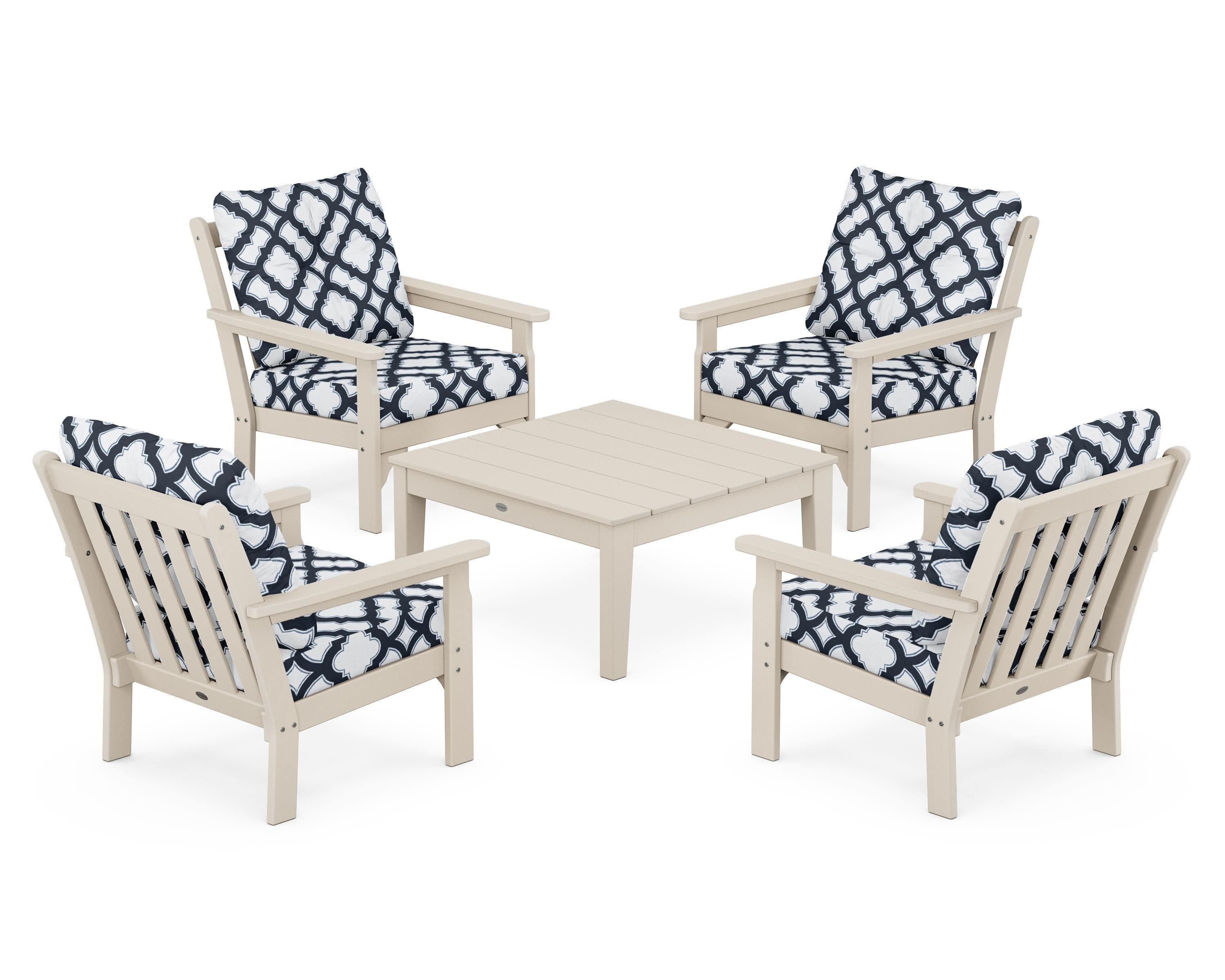Vineyard 5-Piece Deep Seating Conversation Set in Sand / Trellis Marine Indigo