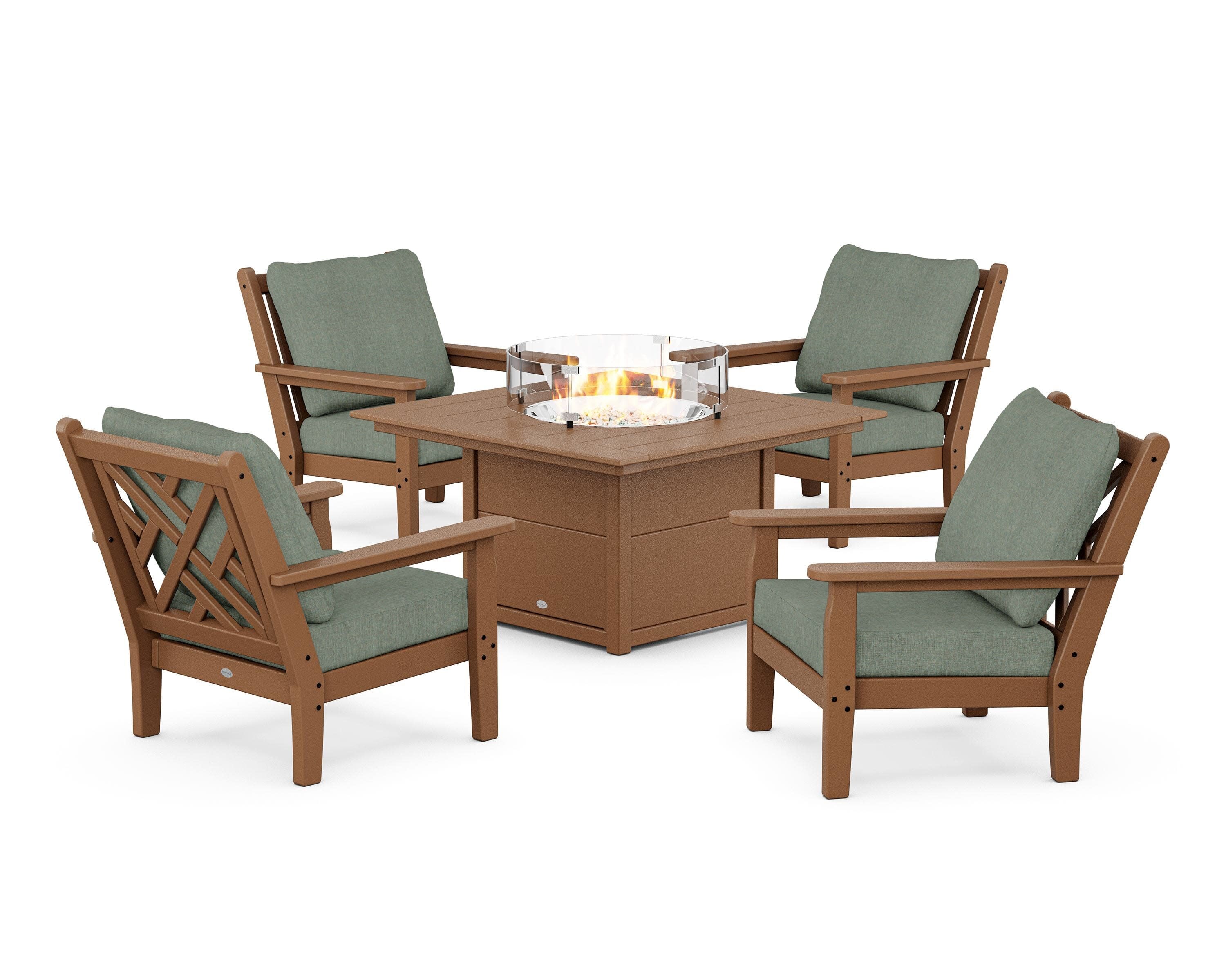 Chippendale 5-Piece Deep Seating Set with Fire Pit Table in Teak / Cast Sage
