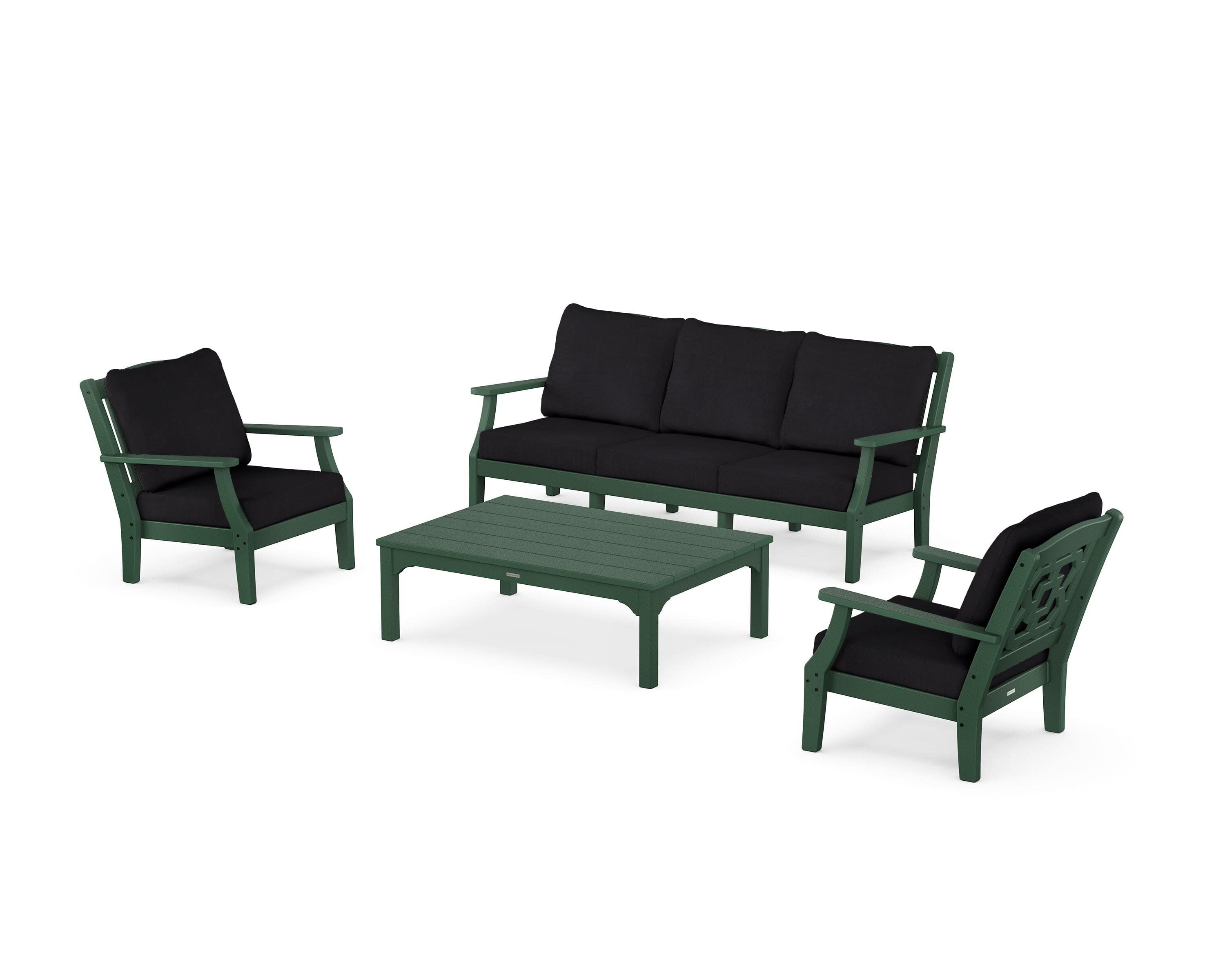 Chinoiserie 4-Piece Deep Seating Set with Sofa in Green / Midnight Linen