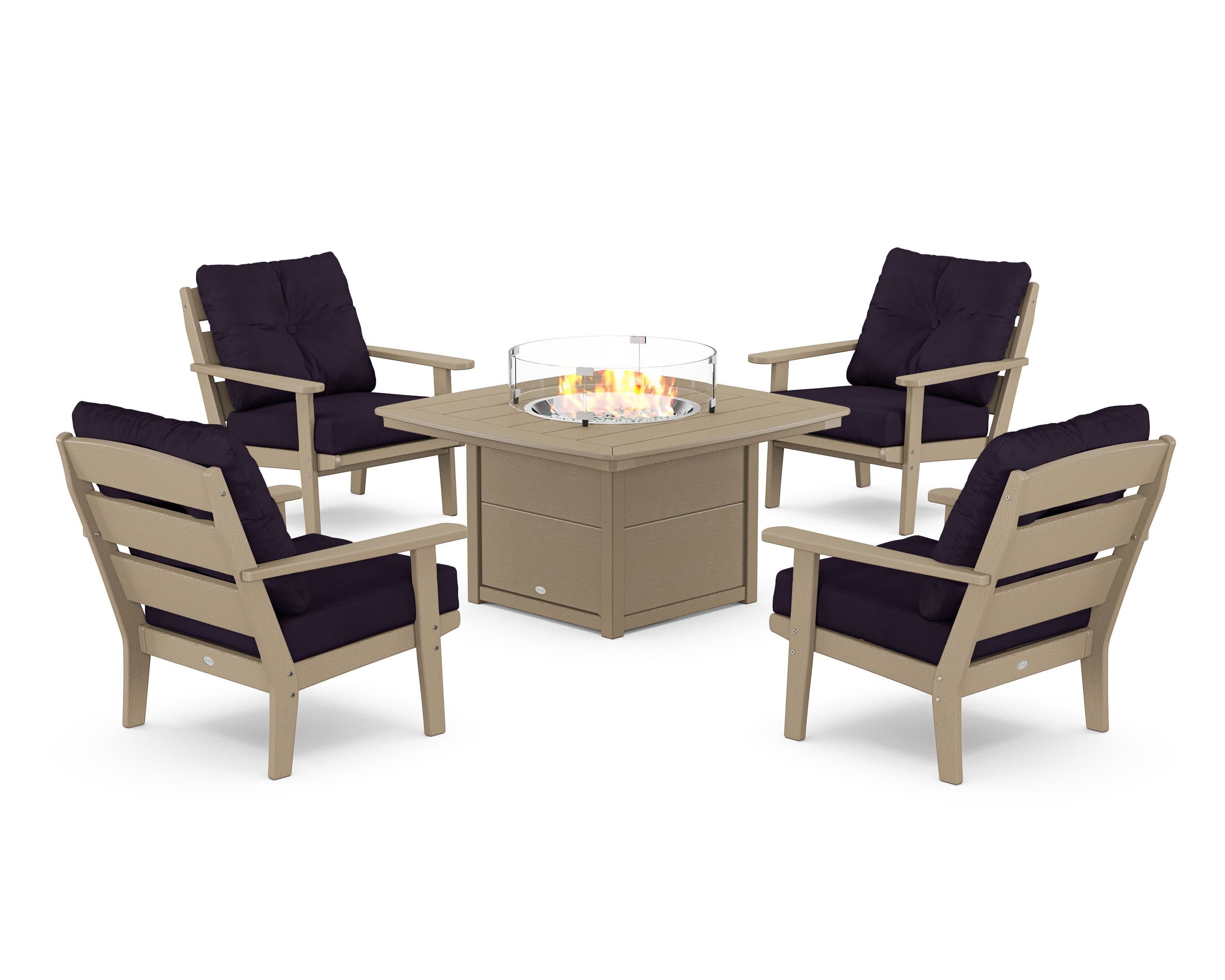 Lakeside 5-Piece Deep Seating Set with Nautical Fire Pit Table in Vintage Sahara / Navy Linen