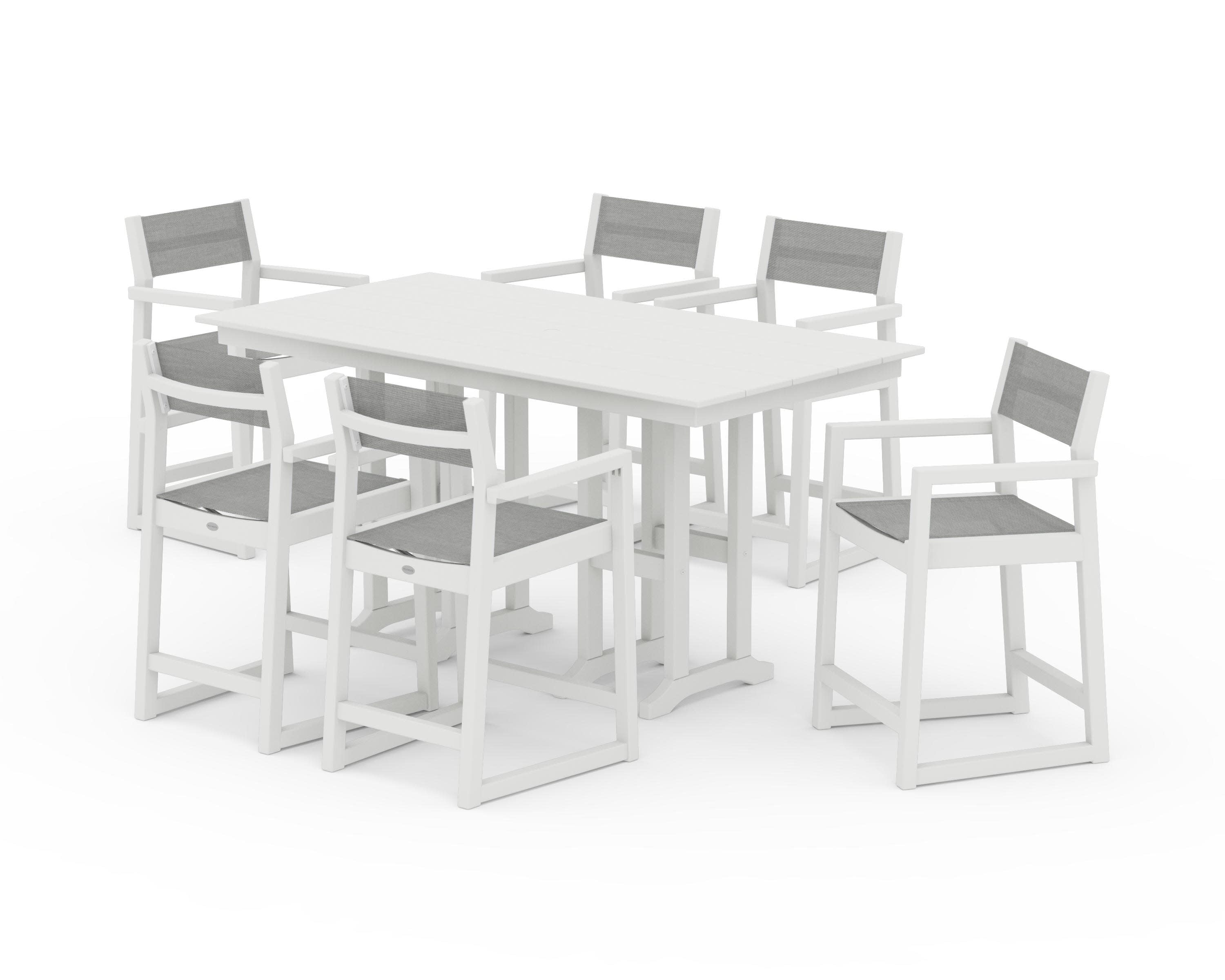 EDGE Sling Arm Chair 7-Piece Farmhouse Counter Set in Vintage White / Metallic Sling