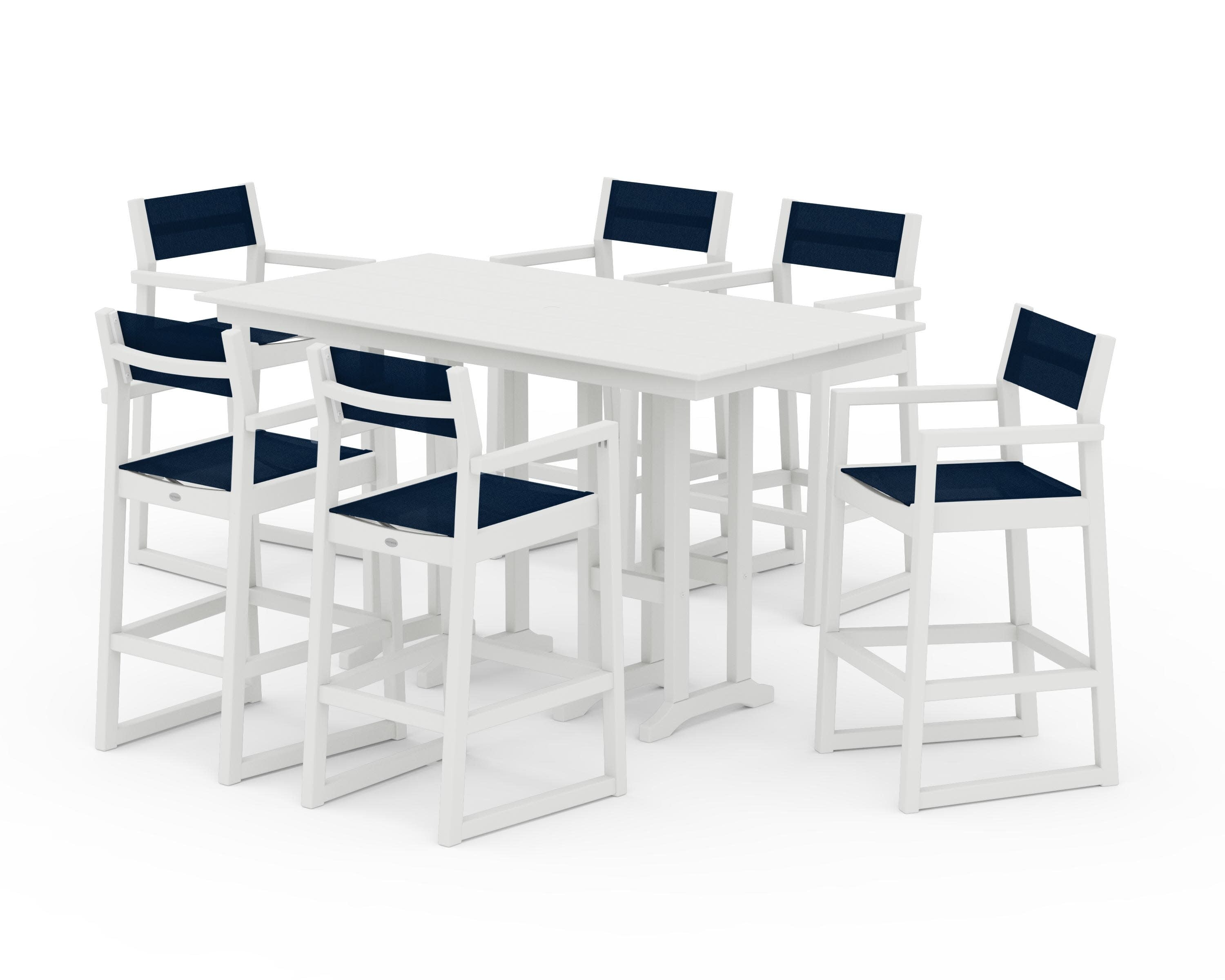 EDGE Sling Arm Chair 7-Piece Farmhouse Bar Set in Vintage White / Navy Blue Sling