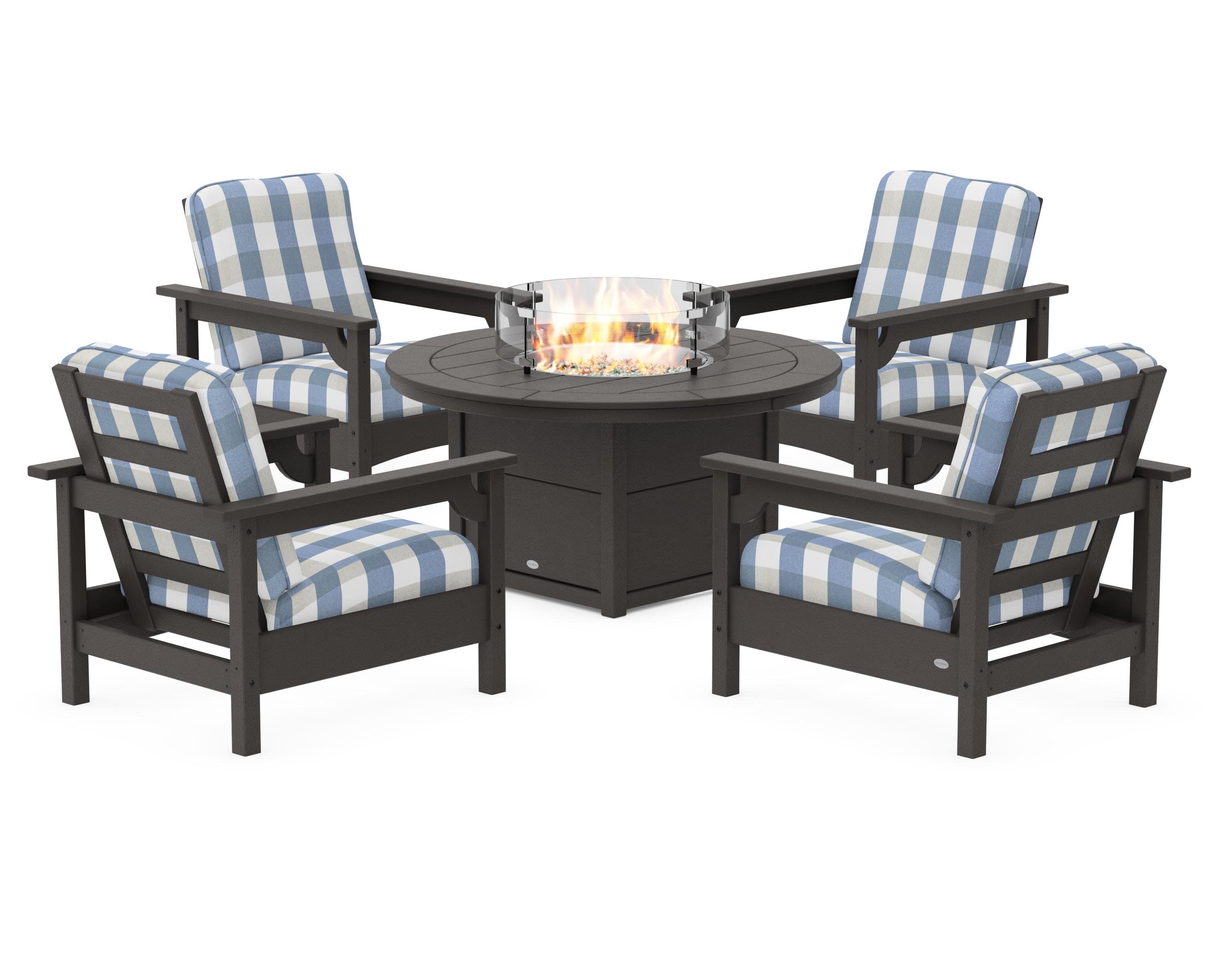 Club 5-Piece Conversation Set with Fire Pit Table in Vintage Coffee / Buffalo Plaid Sky Blue