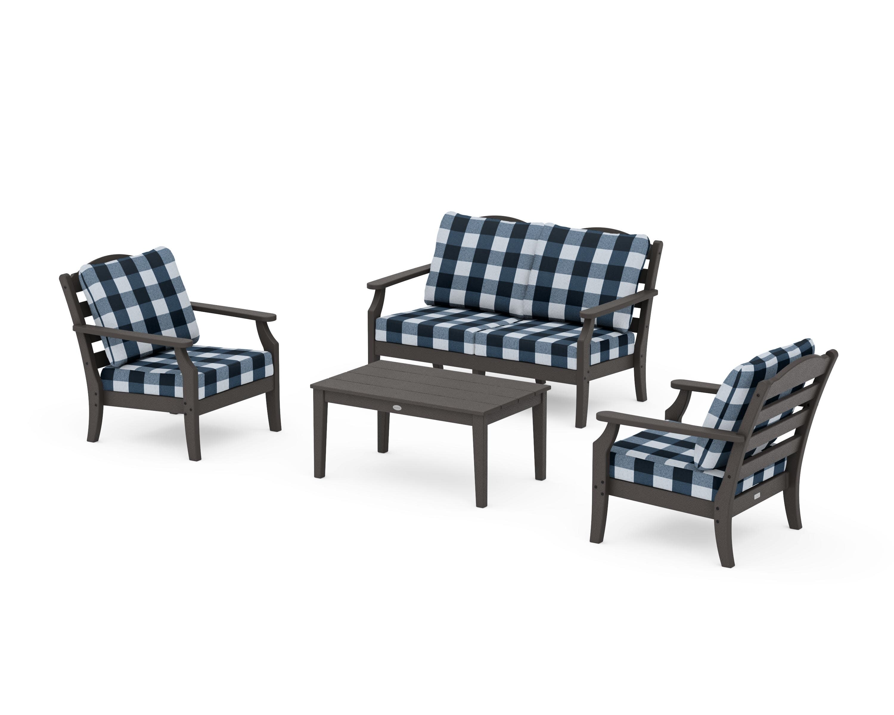 Savannah 4-Piece Deep Seating Set with Loveseat in Vintage Coffee / Buffalo Plaid Marine Indigo