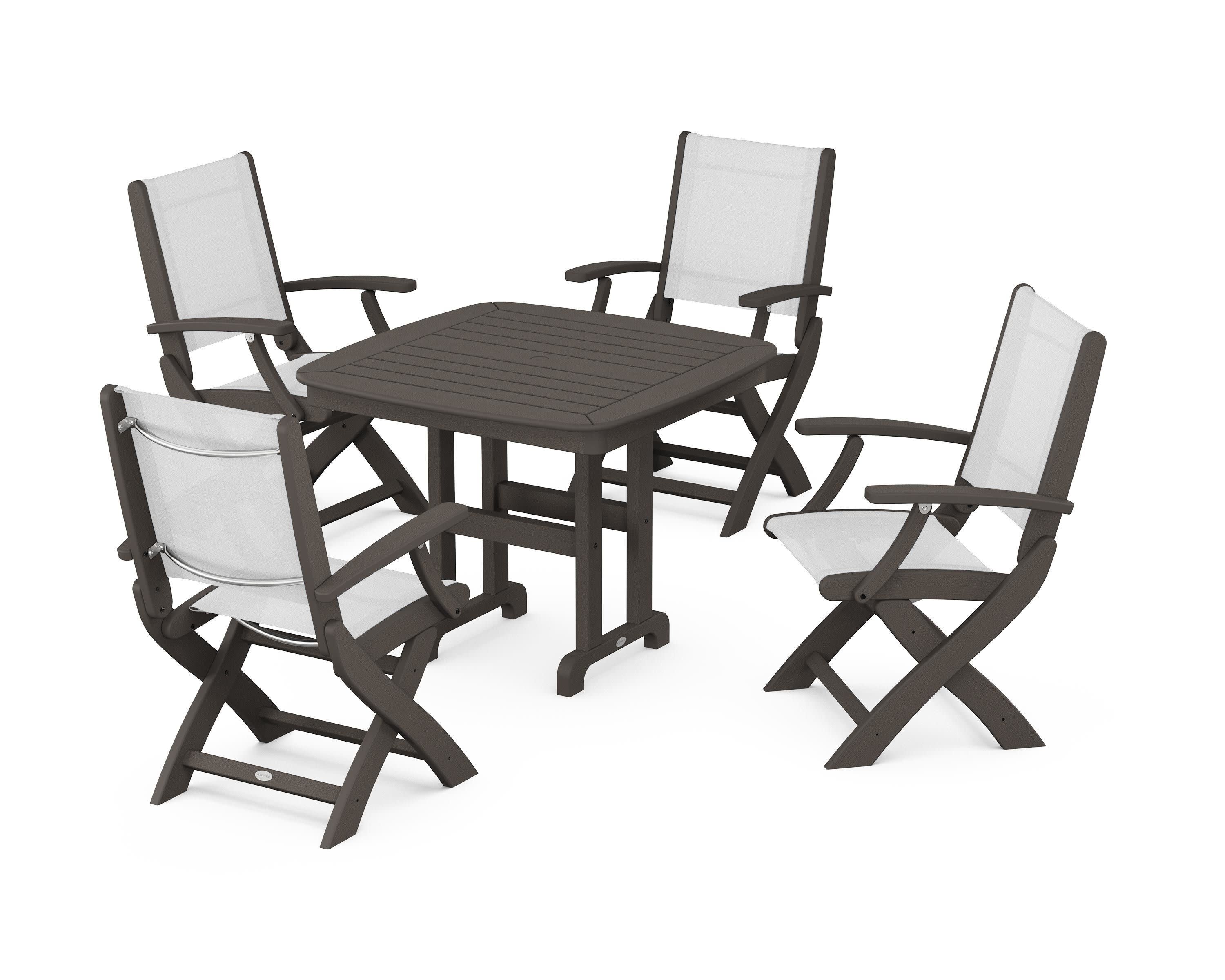Coastal Folding Chair 5-Piece Dining Set in Vintage Coffee / White Sling