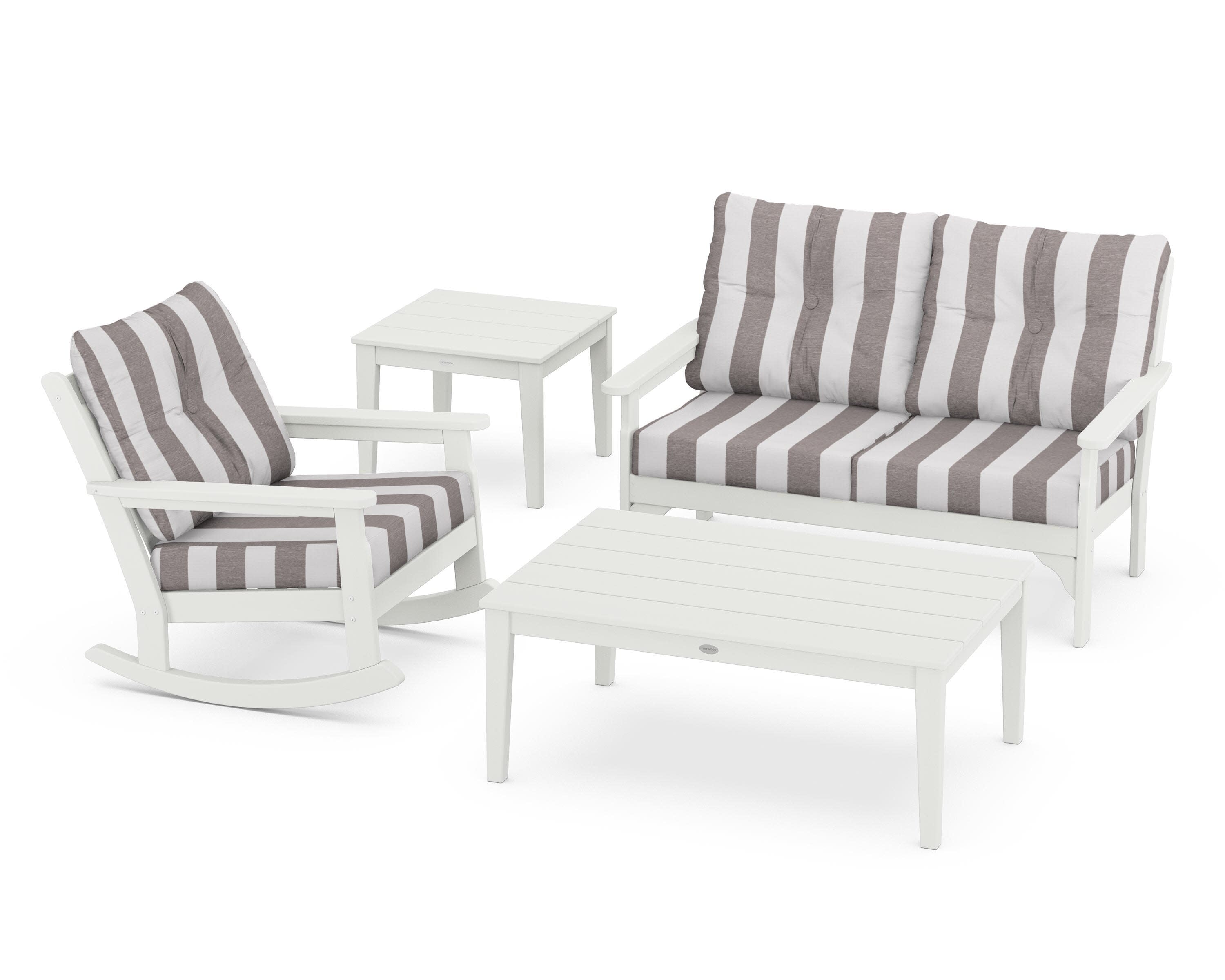 Vineyard 4-Piece Deep Seating Rocker Set in Vintage White / Cabana Stripe Grey Mist