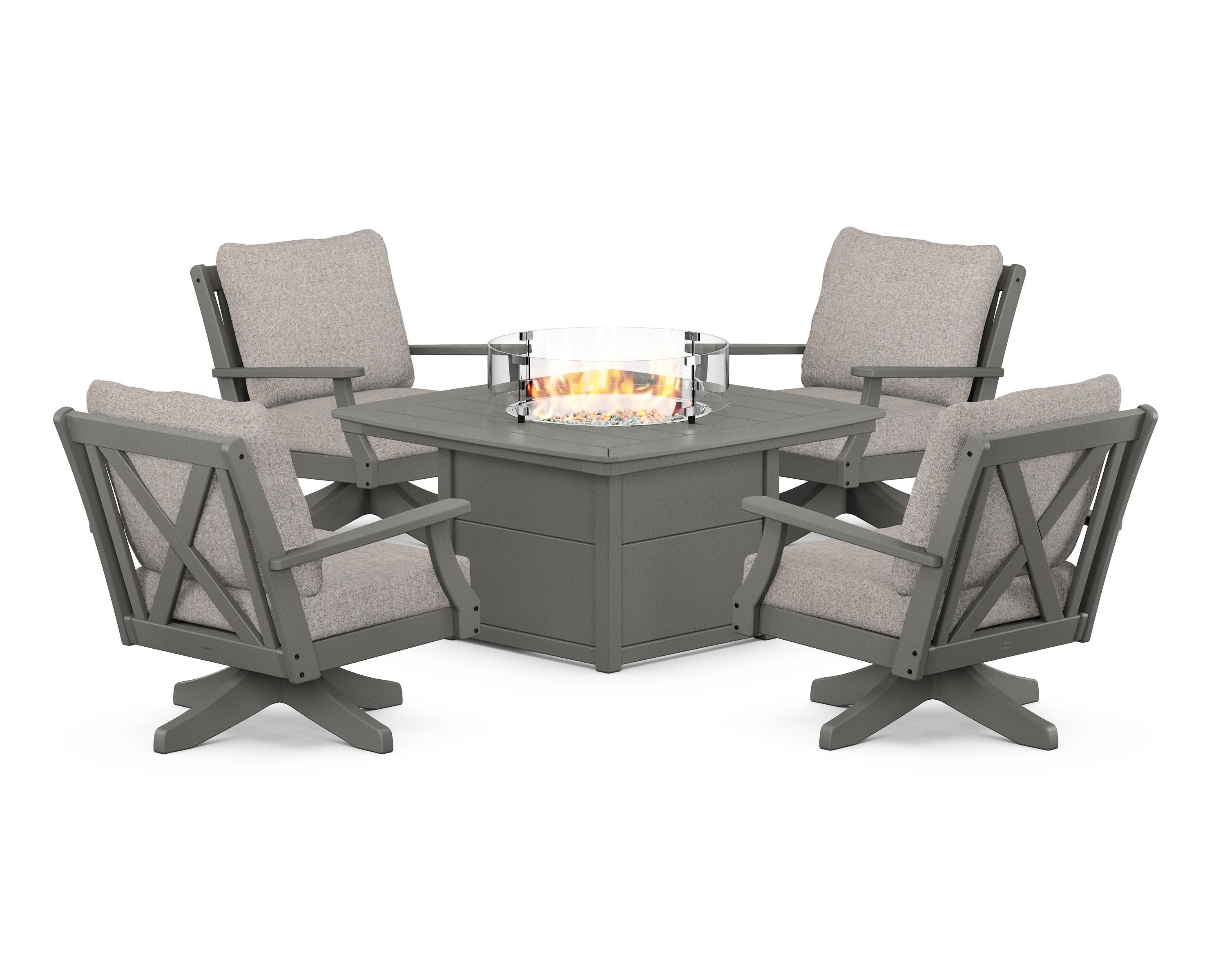 Braxton 5-Piece Deep Seating Swivel Conversation Set with Fire Pit Table in Slate Grey / Weathered Tweed