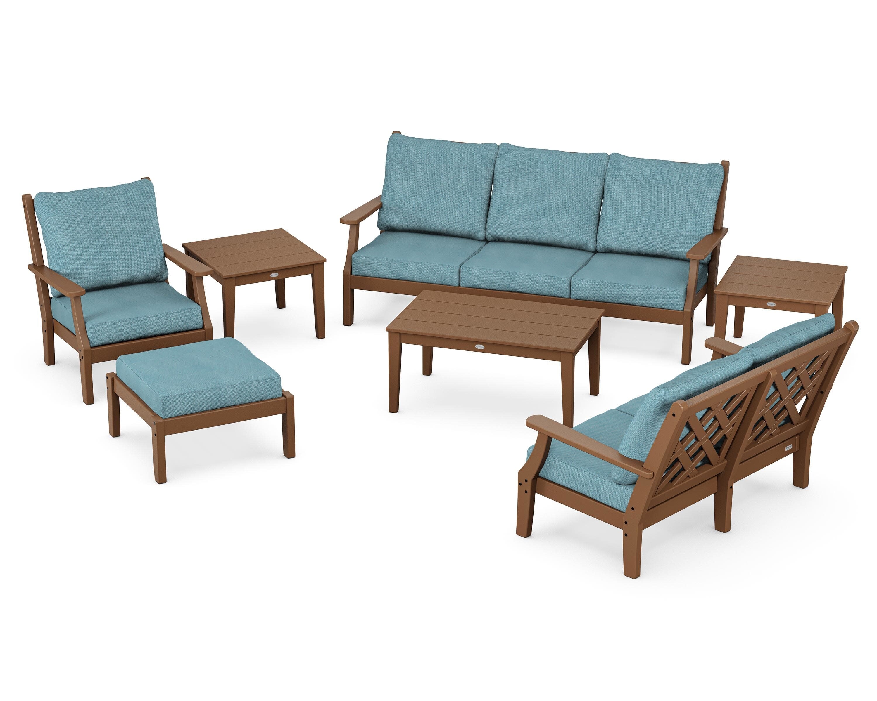 Wovendale 7-Piece Deep Seating Set in Teak / Lattice Sky Blue