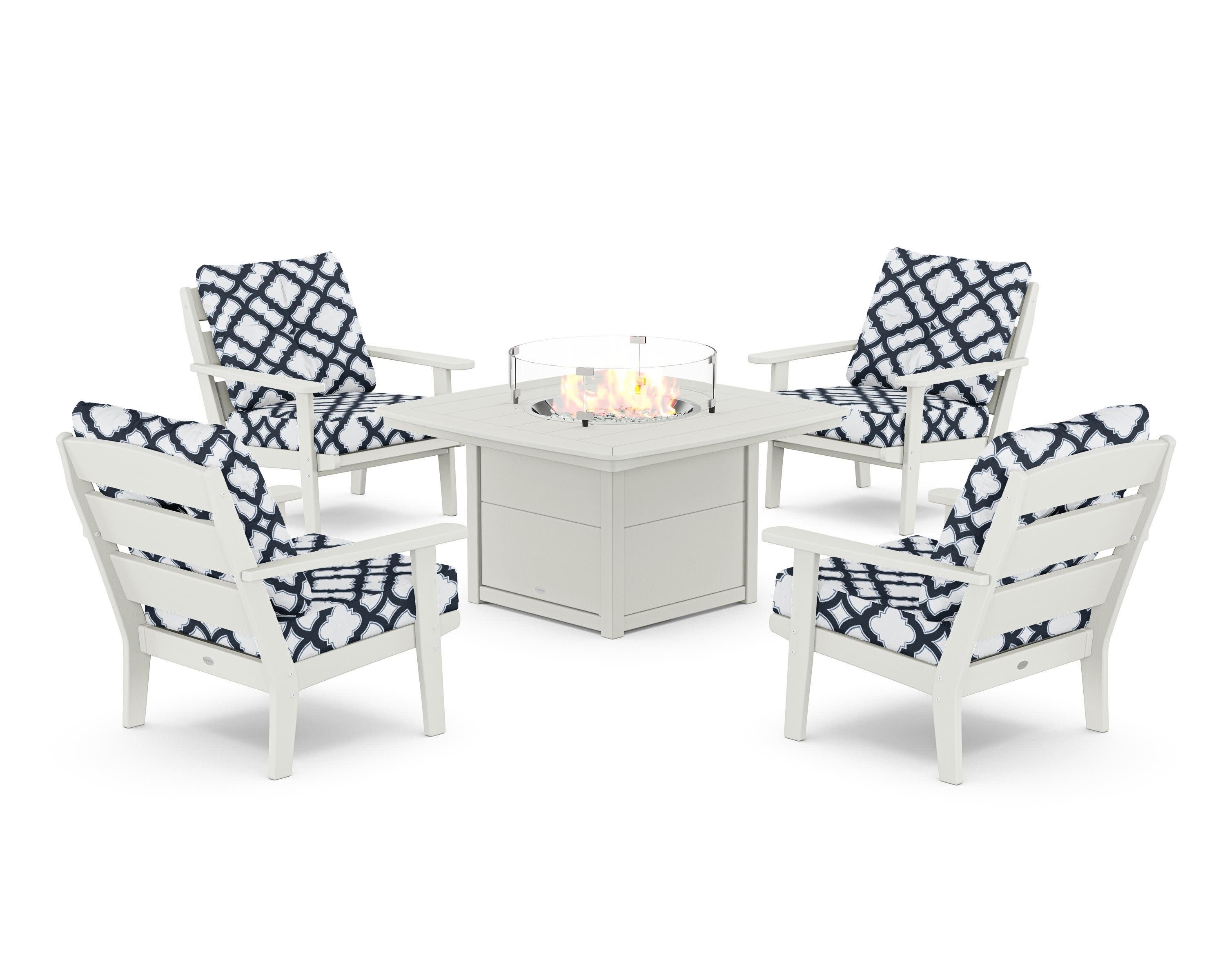 Lakeside 5-Piece Deep Seating Set with Nautical Fire Pit Table in Vintage White / Trellis Marine Indigo