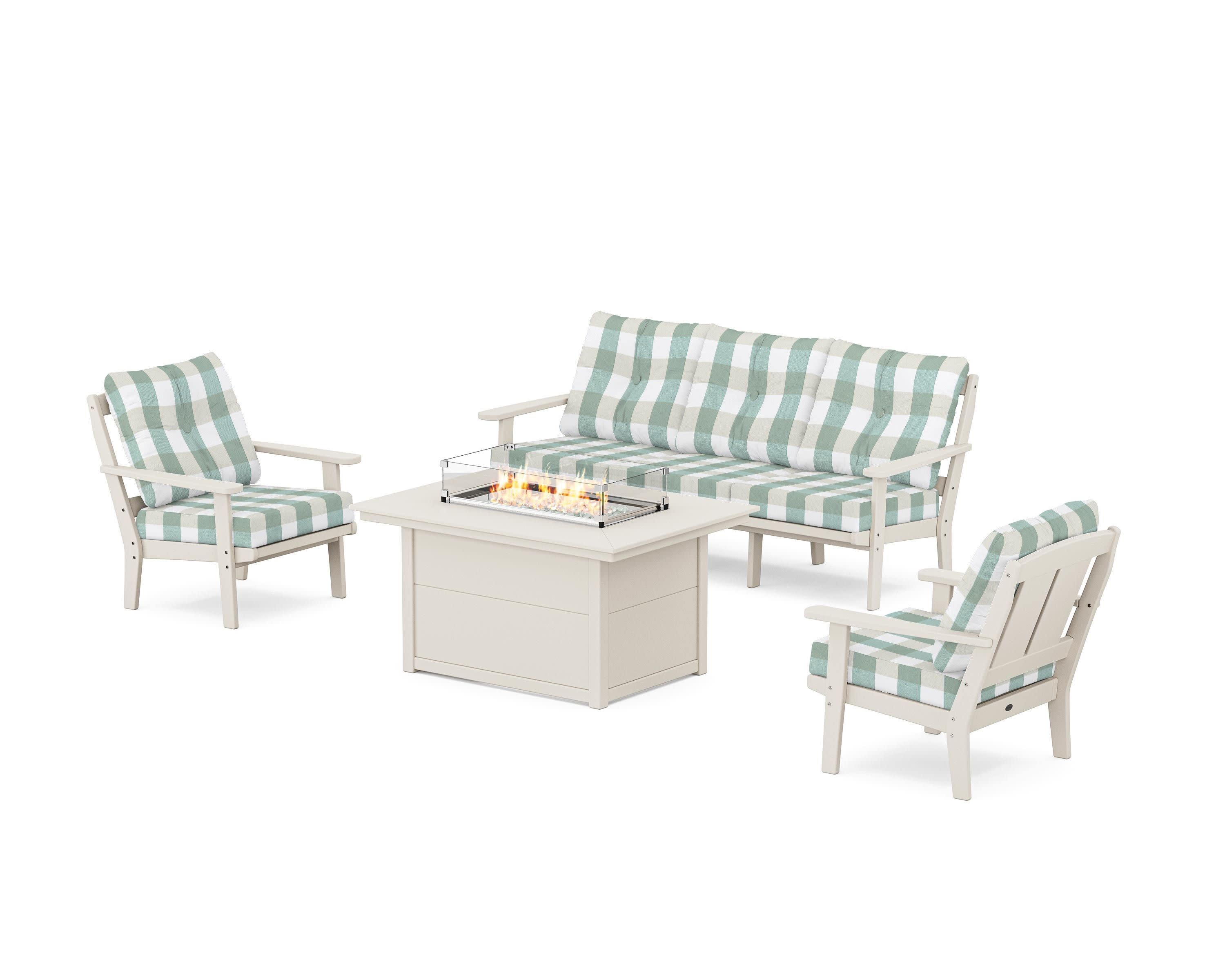 Mission Deep Seating Fire Pit Table Set in Sand / Buffalo Plaid Glacier Spa
