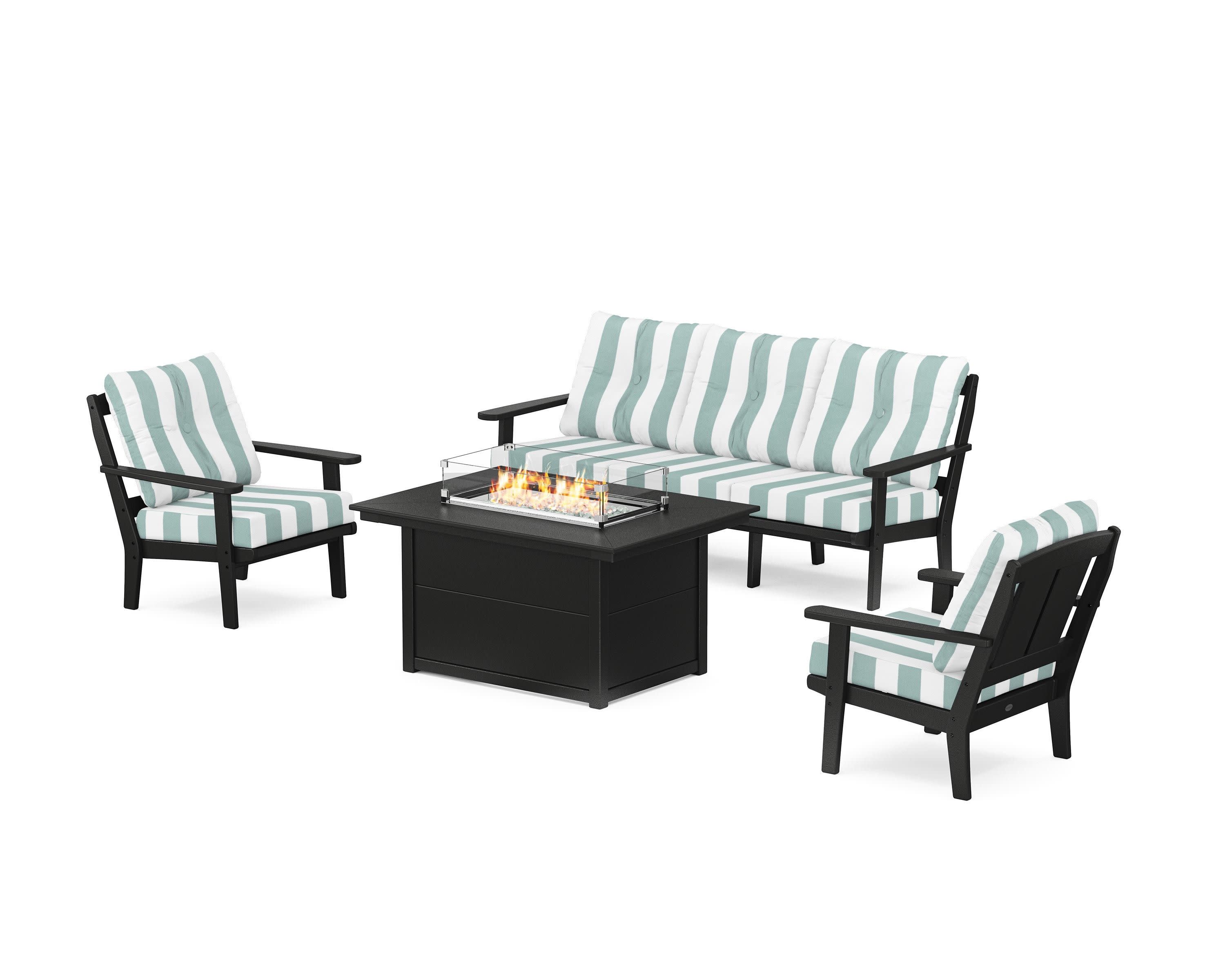 Mission Deep Seating Fire Pit Table Set in Black / Cabana Stripe Glacier Spa