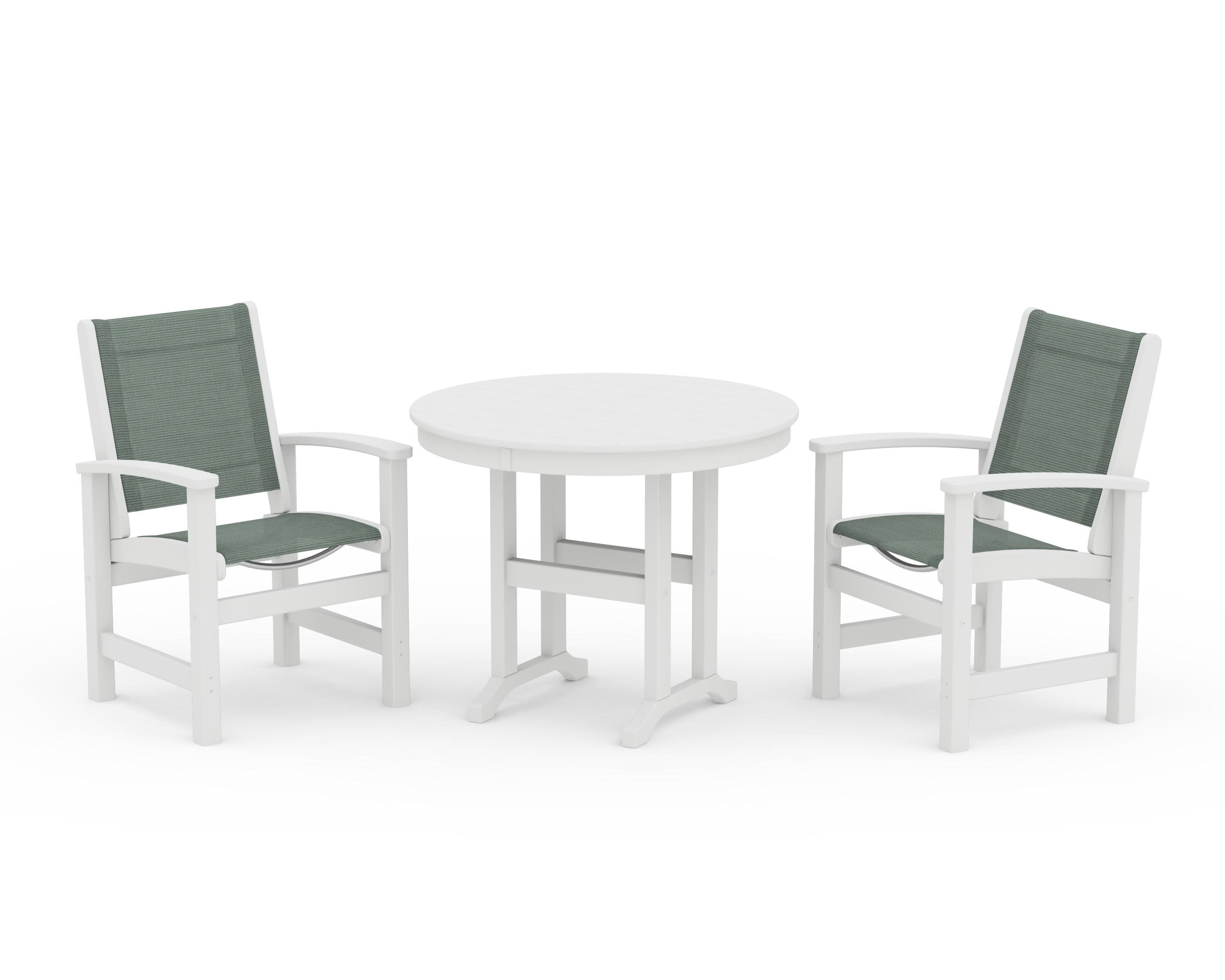 Coastal 3-Piece Round Dining Set in White / Dupioni Sea Mist Sling