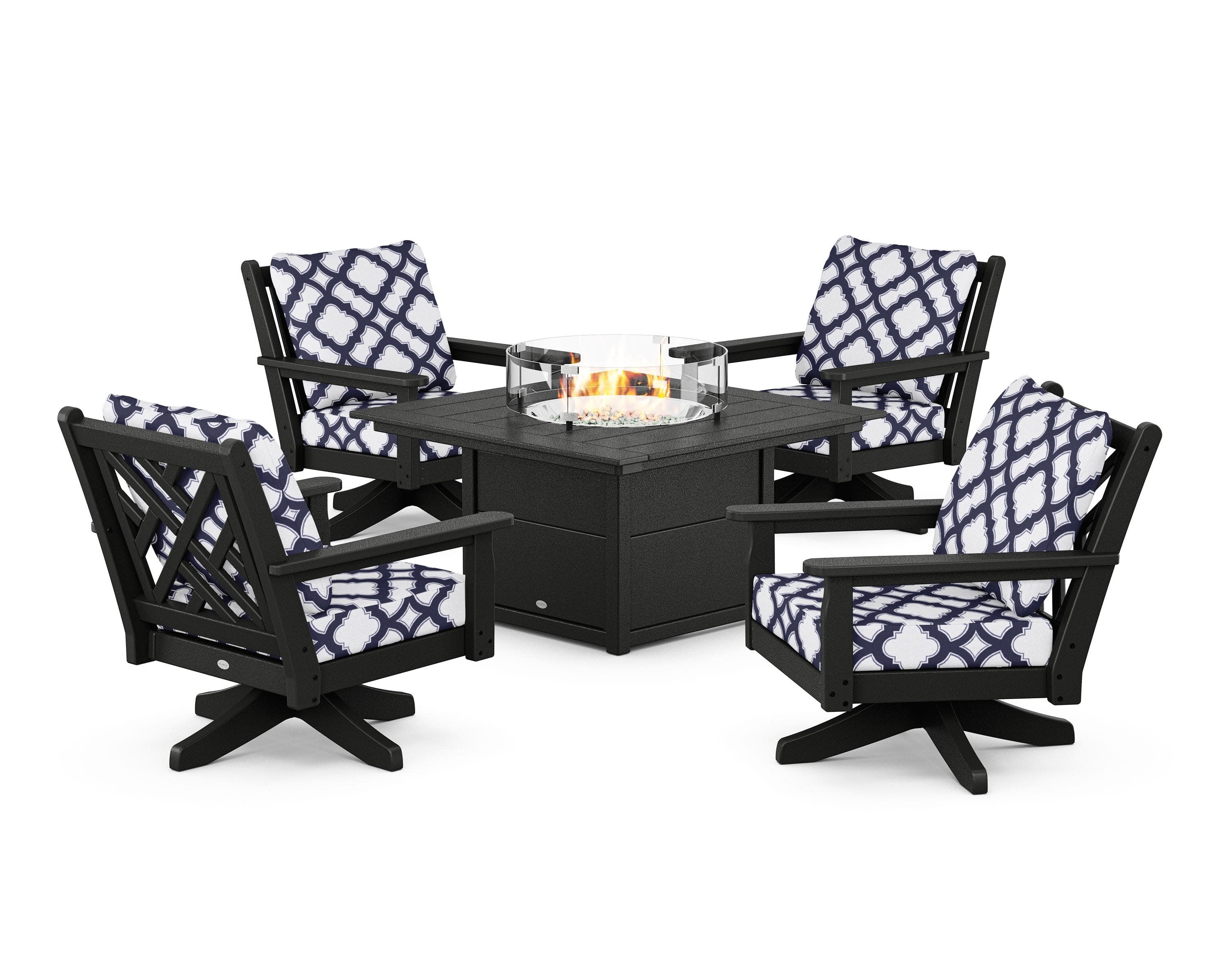 Chippendale 5-Piece Deep Seating Swivel Conversation Set with Fire Pit Table in Black / Trellis Navy