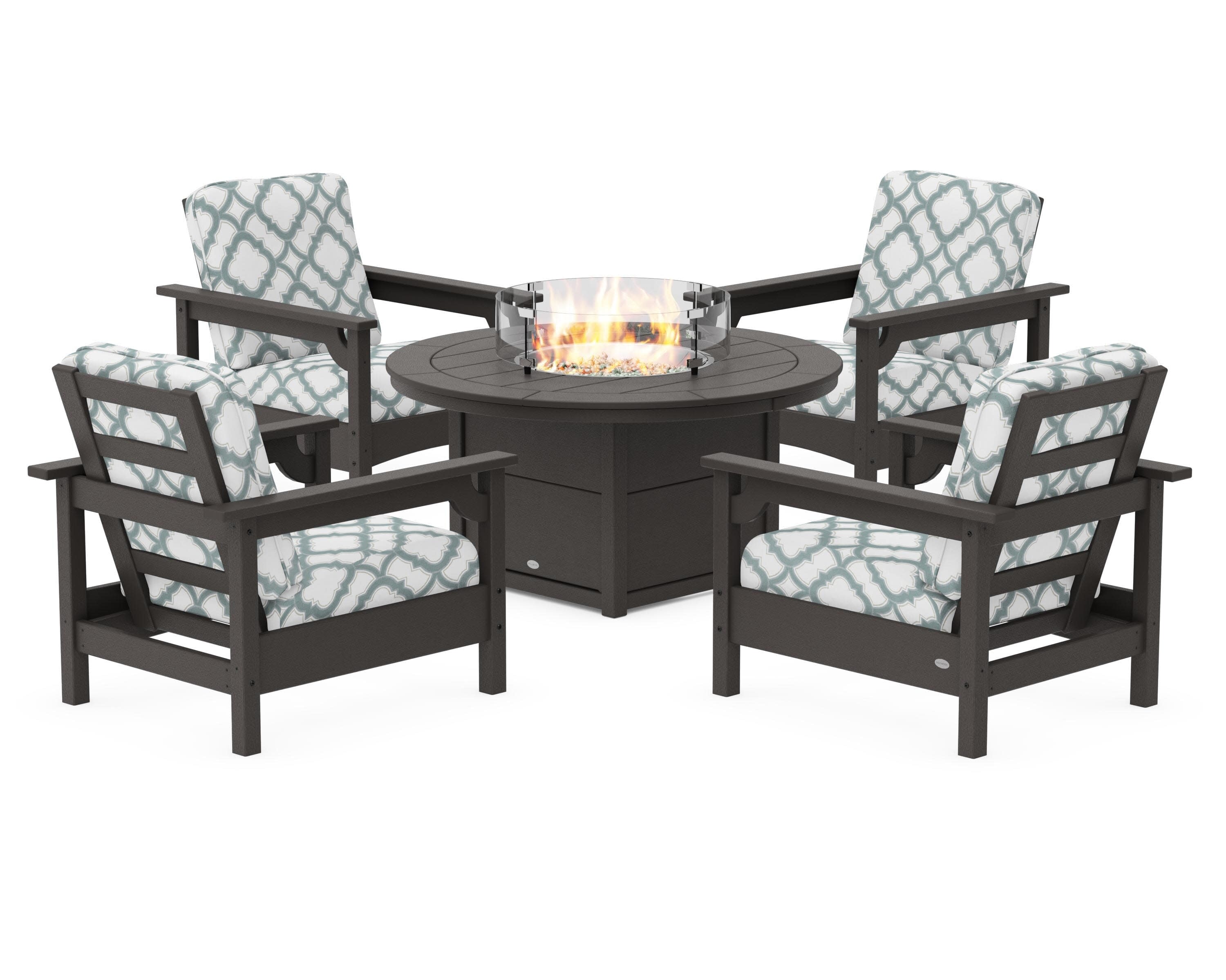 Club 5-Piece Conversation Set with Fire Pit Table in Vintage Coffee / Trellis Glacier Spa