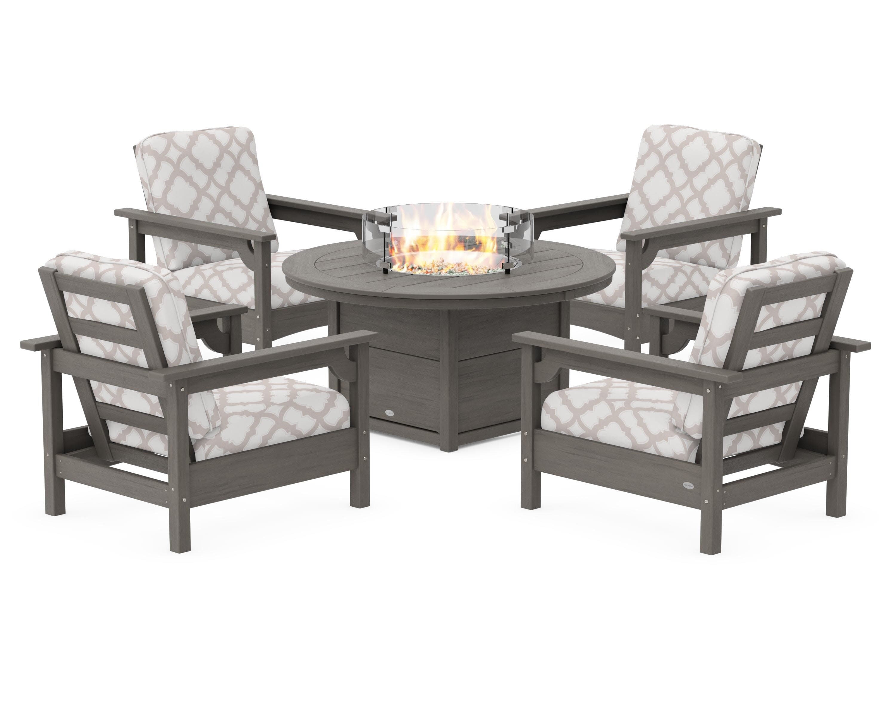 Club 5-Piece Conversation Set with Fire Pit Table in Driftwood / Trellis Dune Burlap