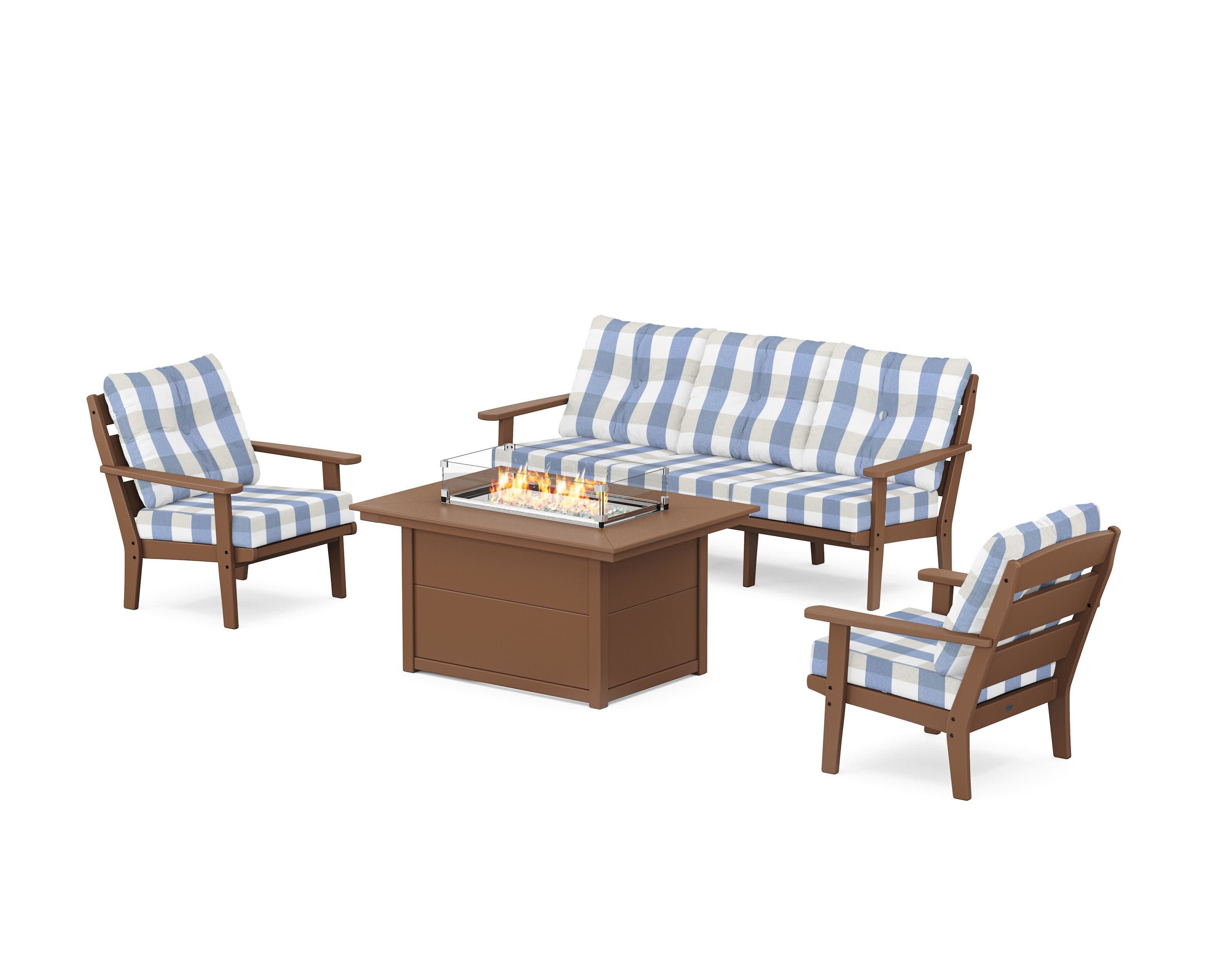 Lakeside Deep Seating Fire Pit Table Set in Teak / Buffalo Plaid Sky Blue