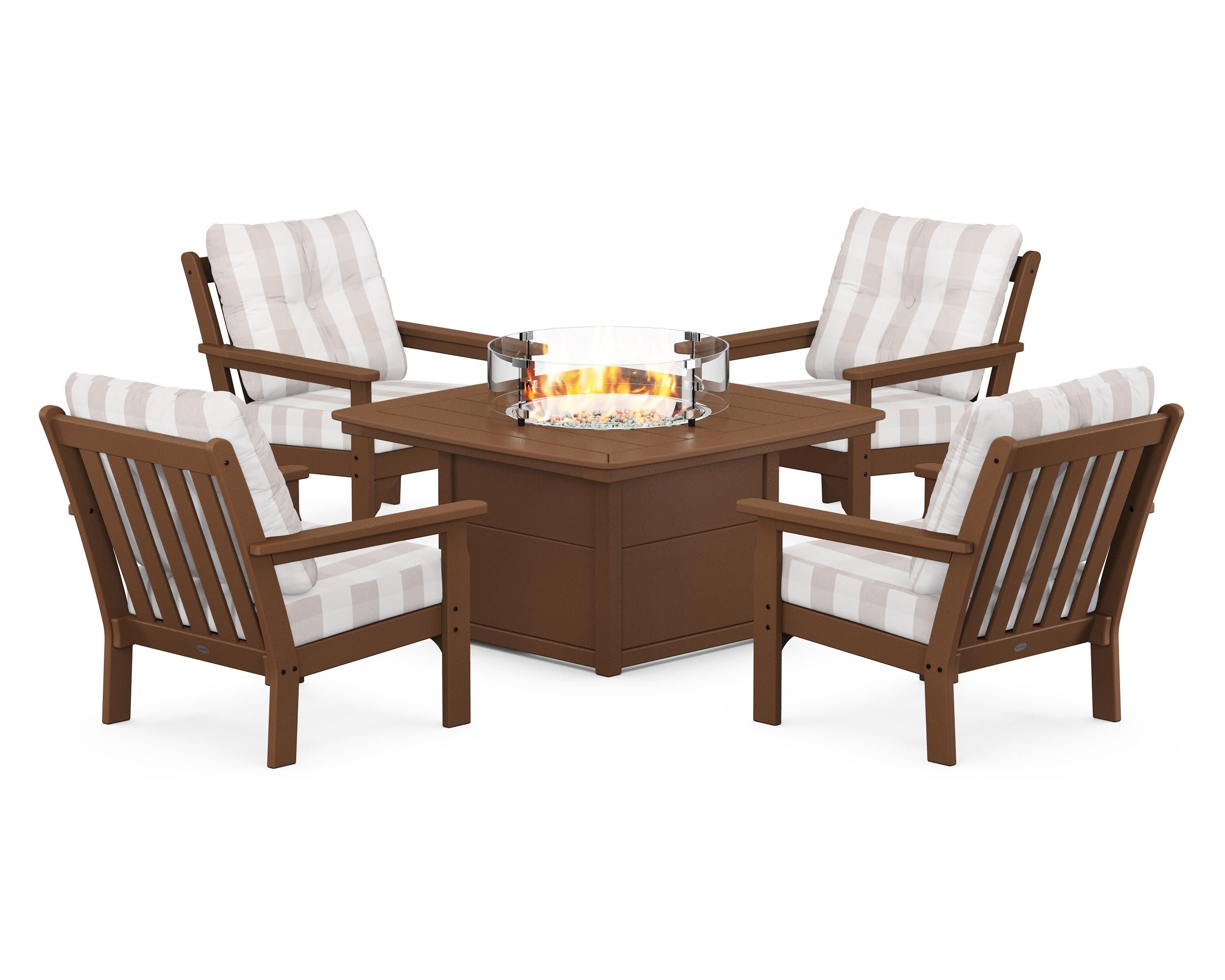 Vineyard 5-Piece Conversation Set with Fire Pit Table in Teak / Buffalo Plaid Dune Burlap