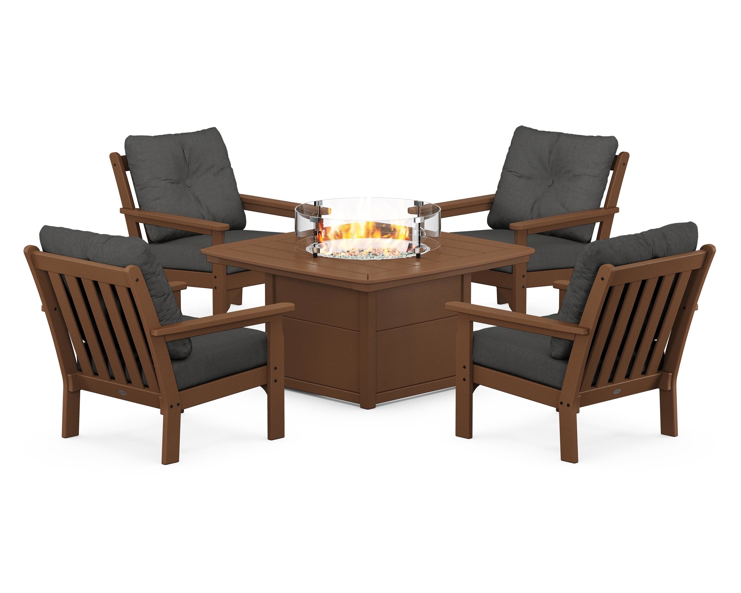 Vineyard 5-Piece Conversation Set with Fire Pit Table in Teak / Spectrum Carbon