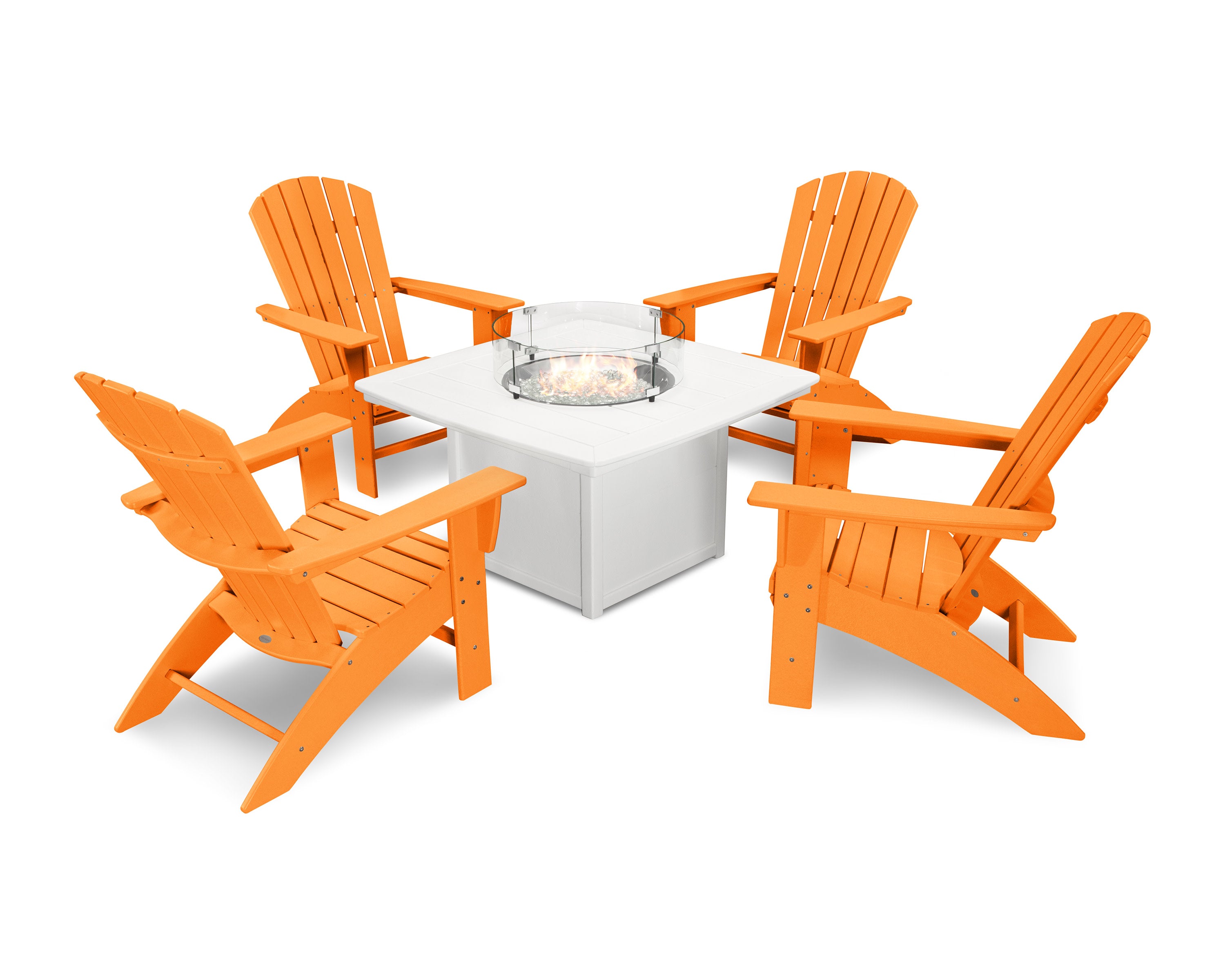 Nautical Curveback Adirondack 5-Piece Conversation Set with Fire Pit Table in Tangerine / White