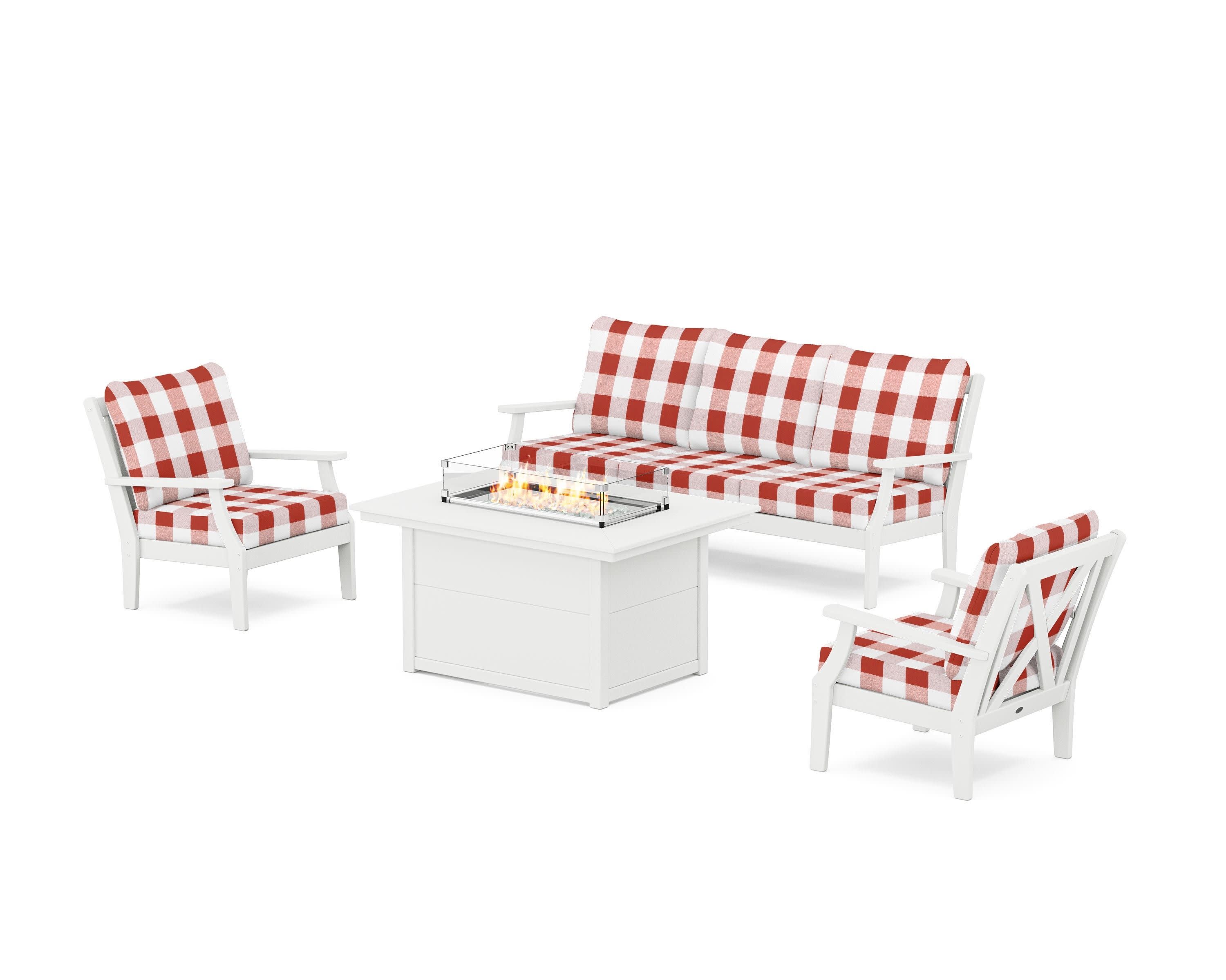 Braxton Deep Seating Fire Pit Table Set in White / Buffalo Plaid Crimson