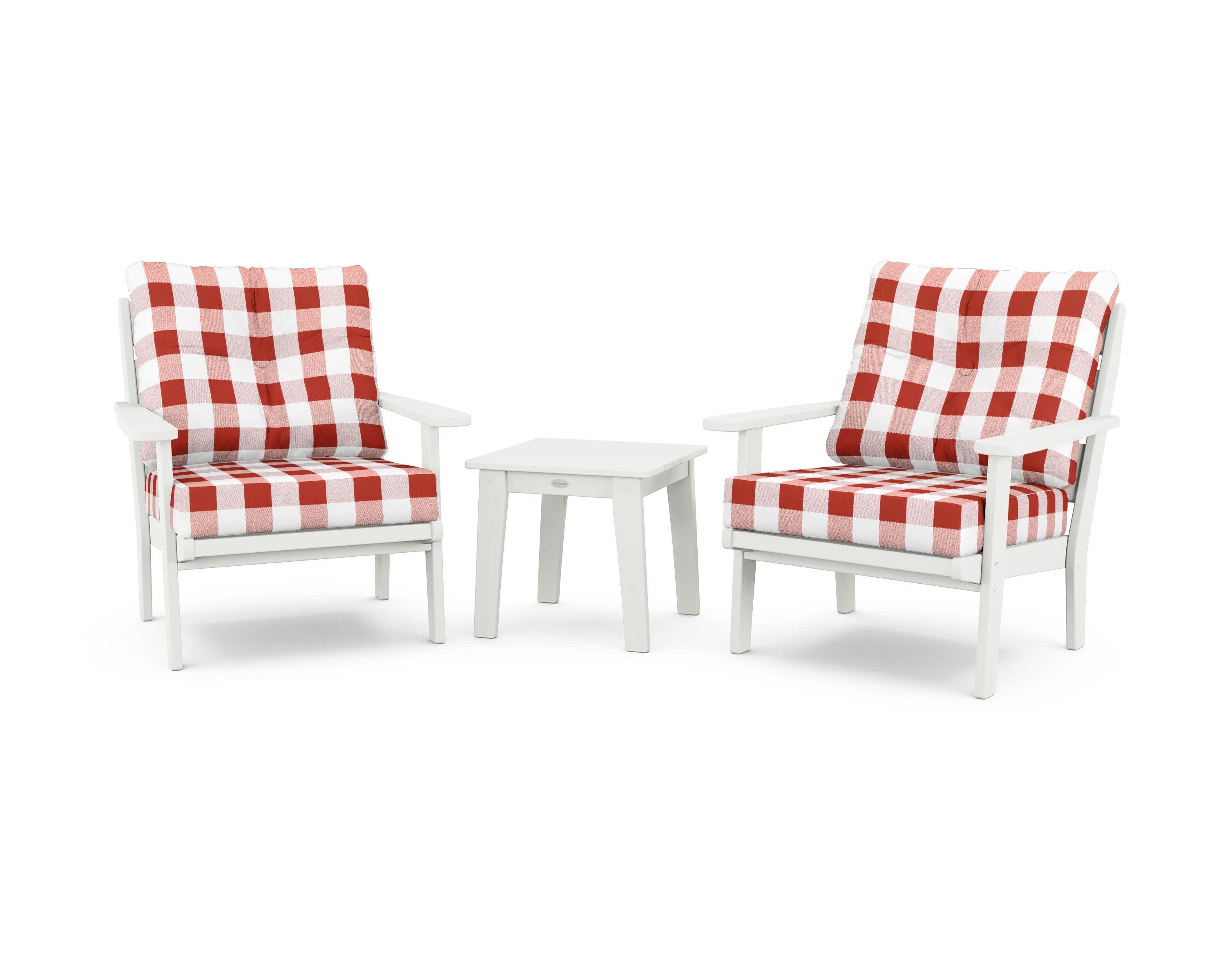 Lakeside 3-Piece Deep Seating Chair Set in Vintage White / Buffalo Plaid Crimson