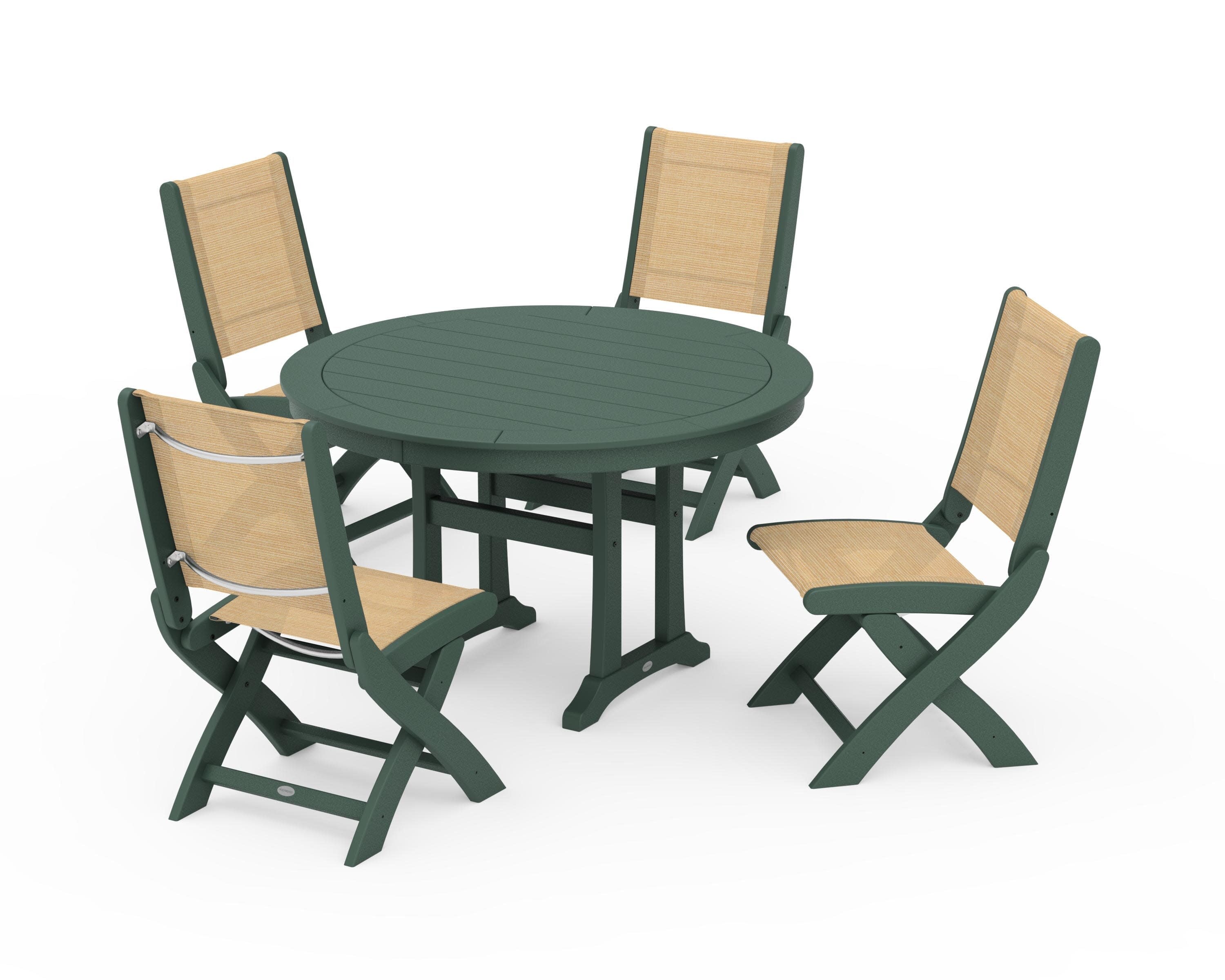 Coastal Folding Side Chair 5-Piece Round Dining Set With Trestle Legs in Green / Dupioni Apricot Sling