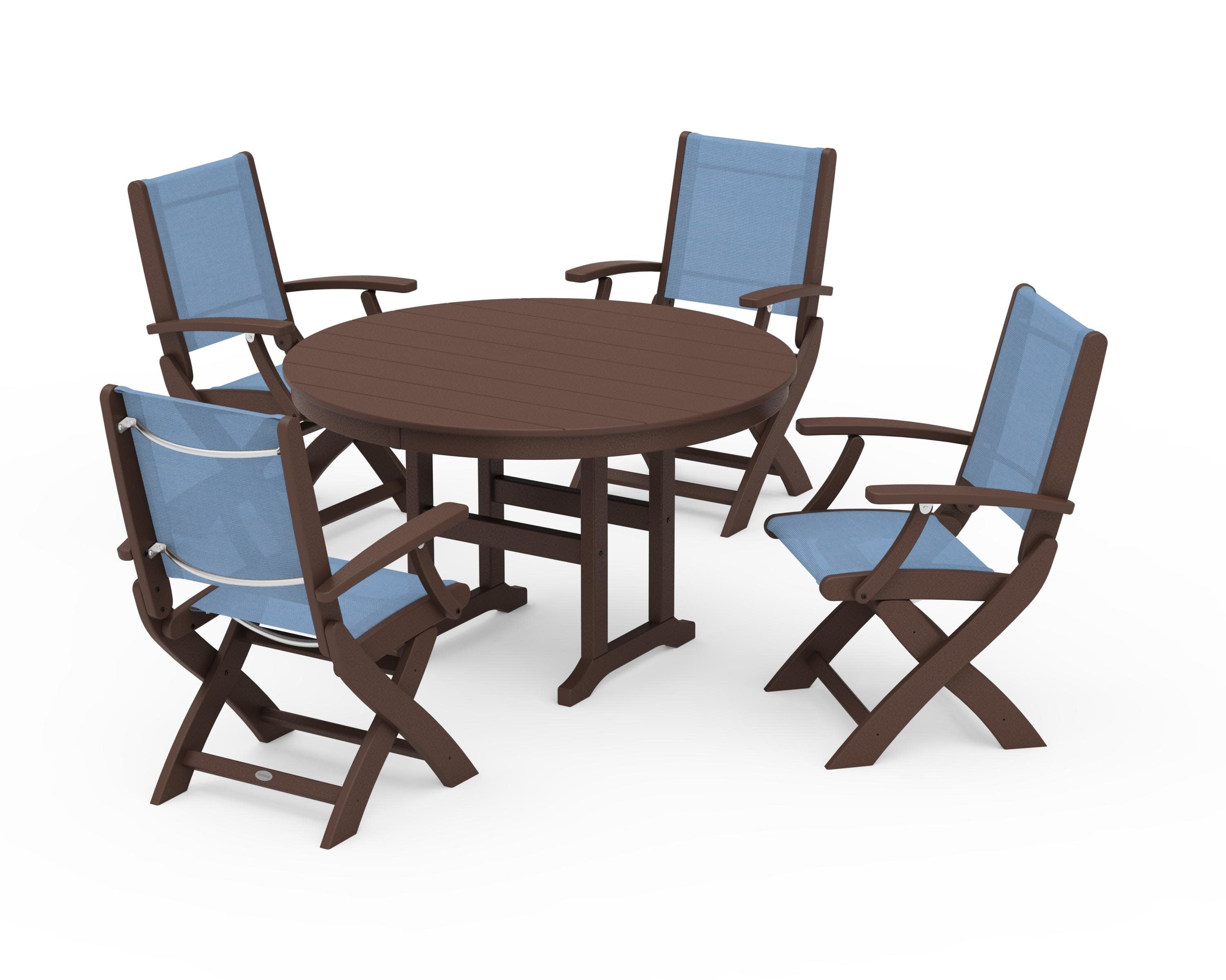 Coastal Folding Chair 5-Piece Round Dining Set in Mahogany / Poolside Sling