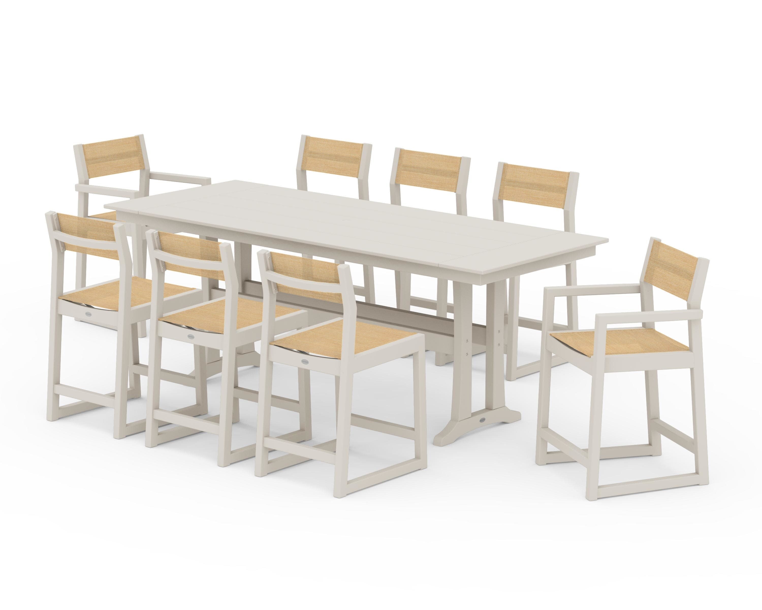 EDGE Sling 9-Piece Farmhouse Counter Set with Trestle Legs in Sand / Dupioni Apricot Sling