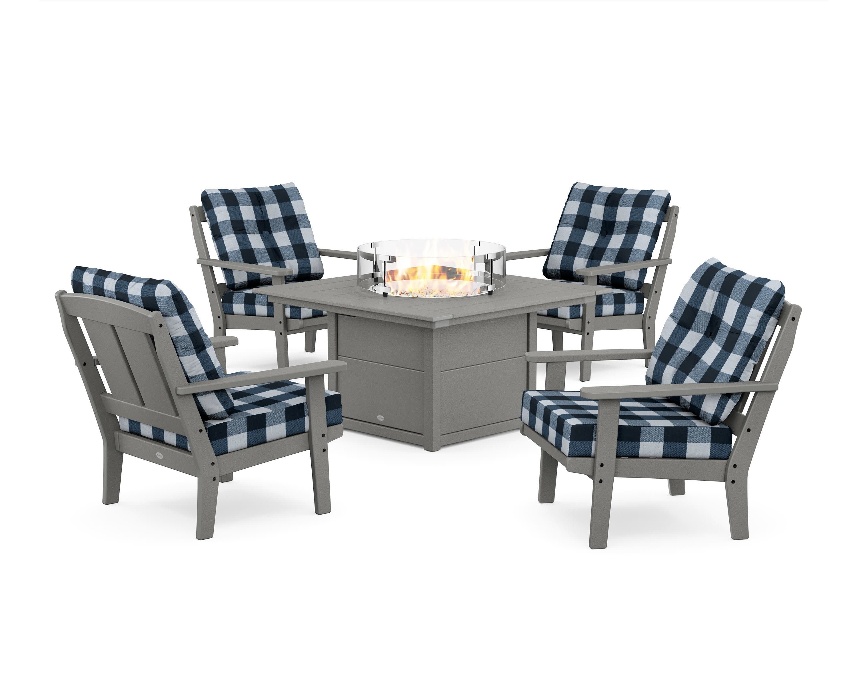 Mission 5-Piece Deep Seating Set with Fire Pit Table in Slate Grey / Buffalo Plaid Marine Indigo