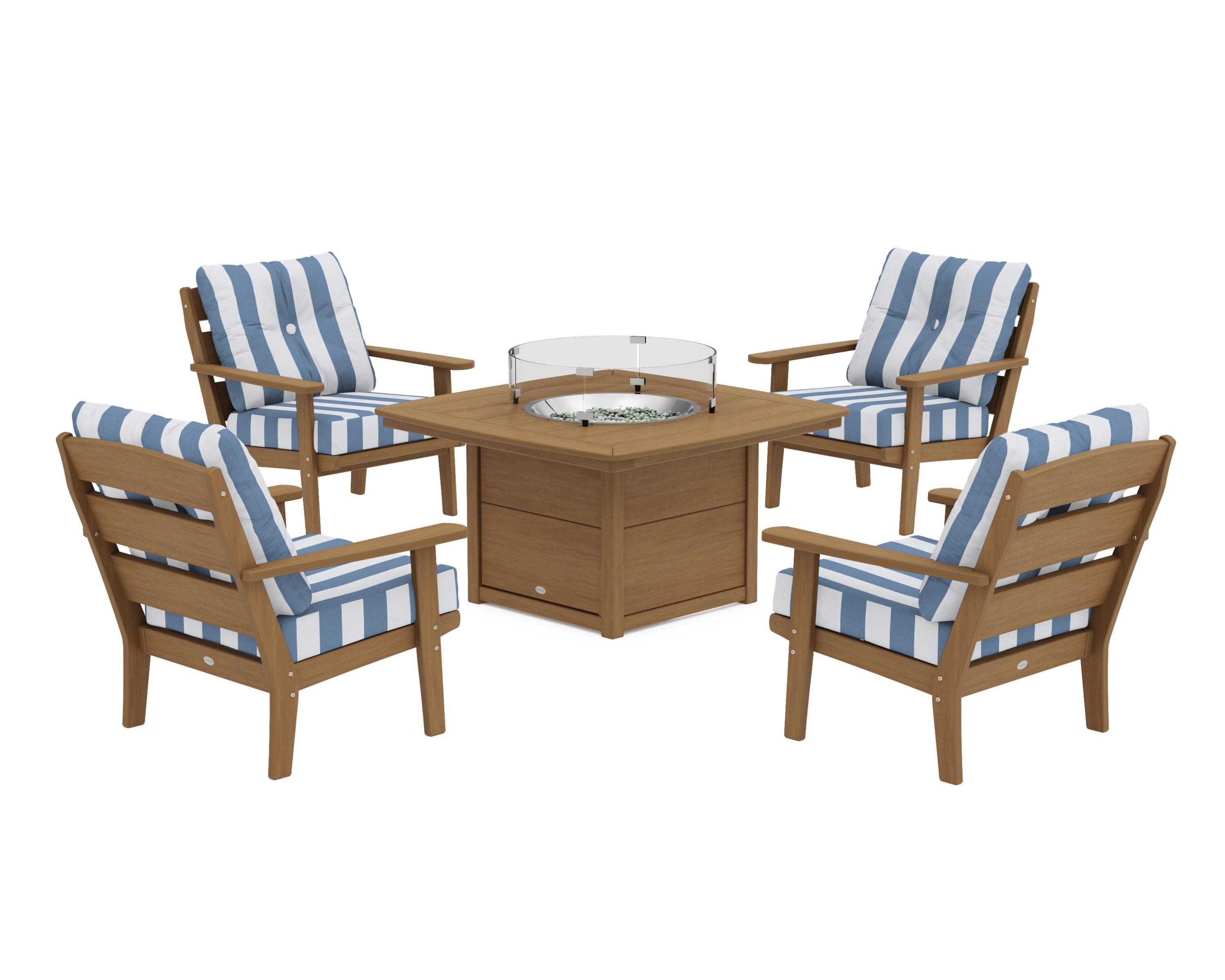Lakeside 5-Piece Deep Seating Set with Nautical Fire Pit Table in Natural / Cabana Stripe Sky Blue