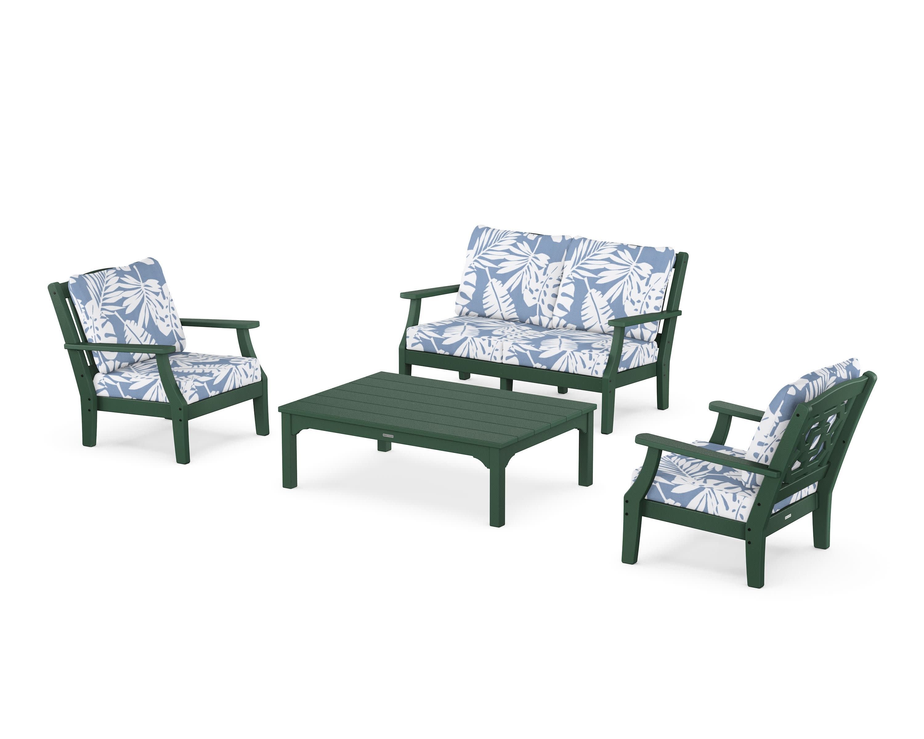 Chinoiserie 4-Piece Deep Seating Set with Loveseat in Green / Leaf Sky Blue
