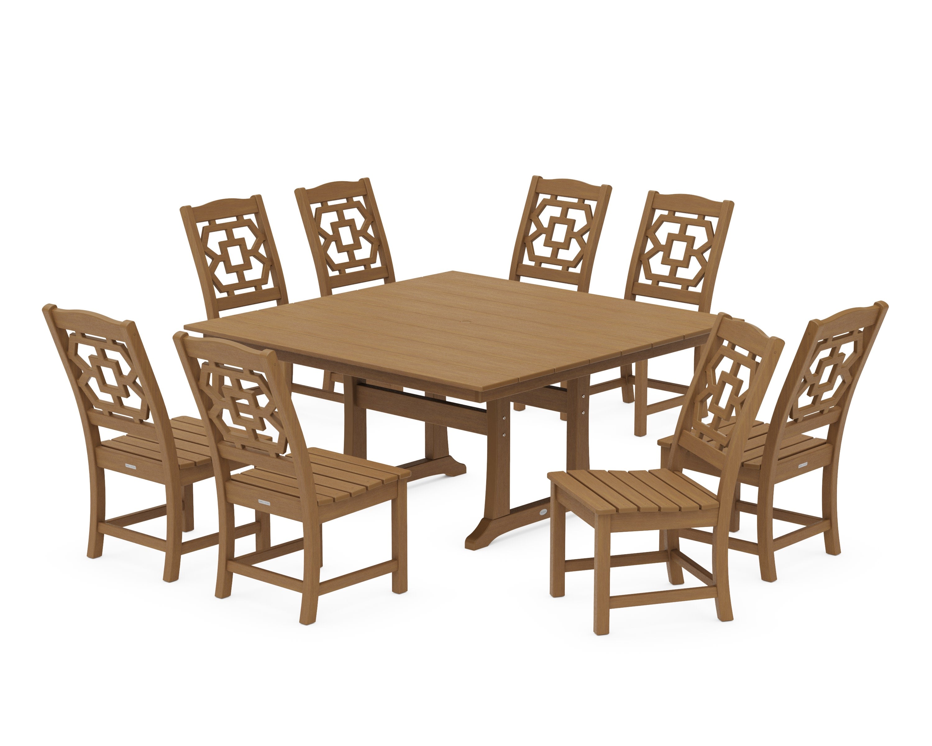 Chinoiserie 9-Piece Square Farmhouse Side Chair Dining Set with Trestle Legs in Natural