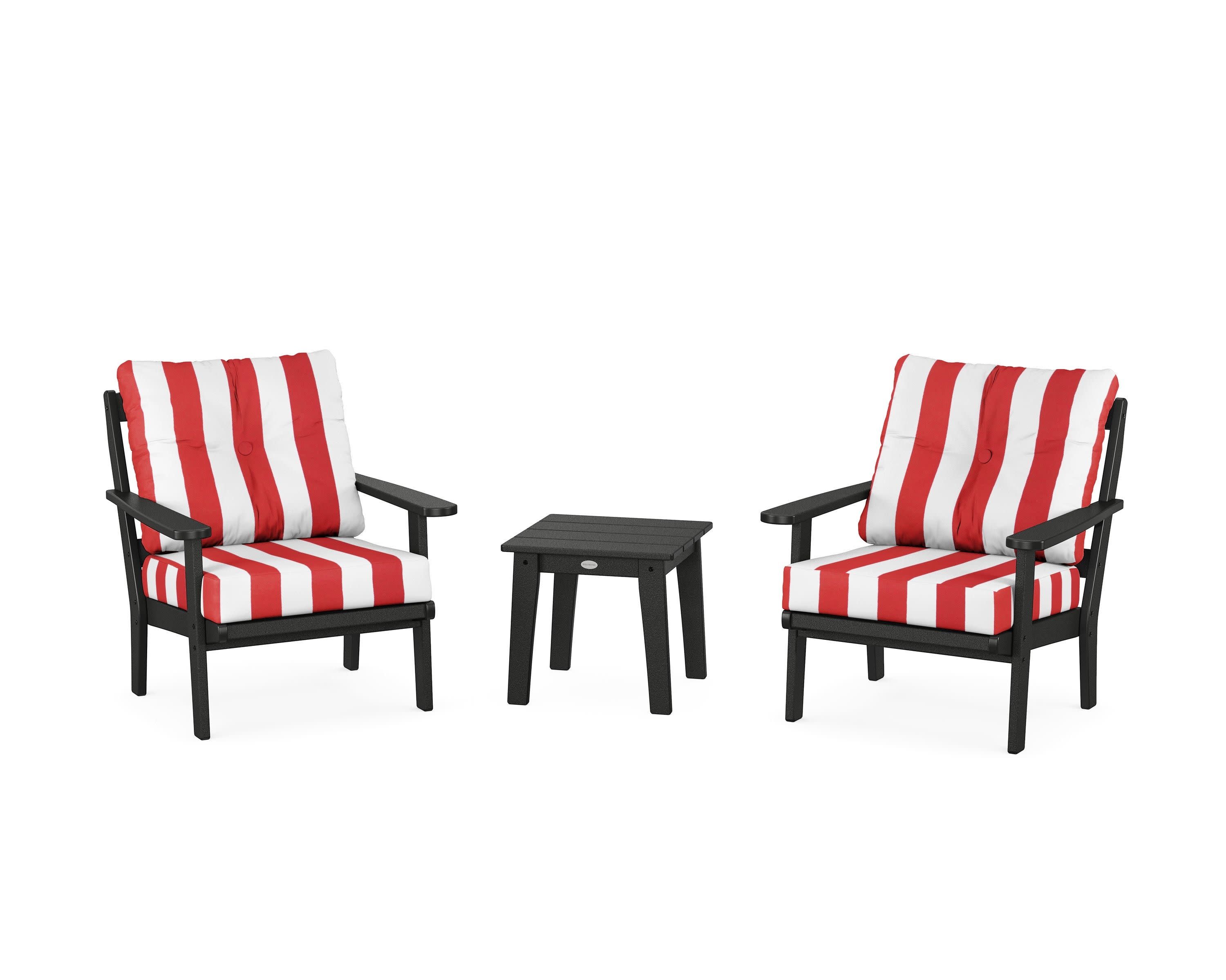 Mission 3-Piece Deep Seating Set in Black / Cabana Stripe Crimson