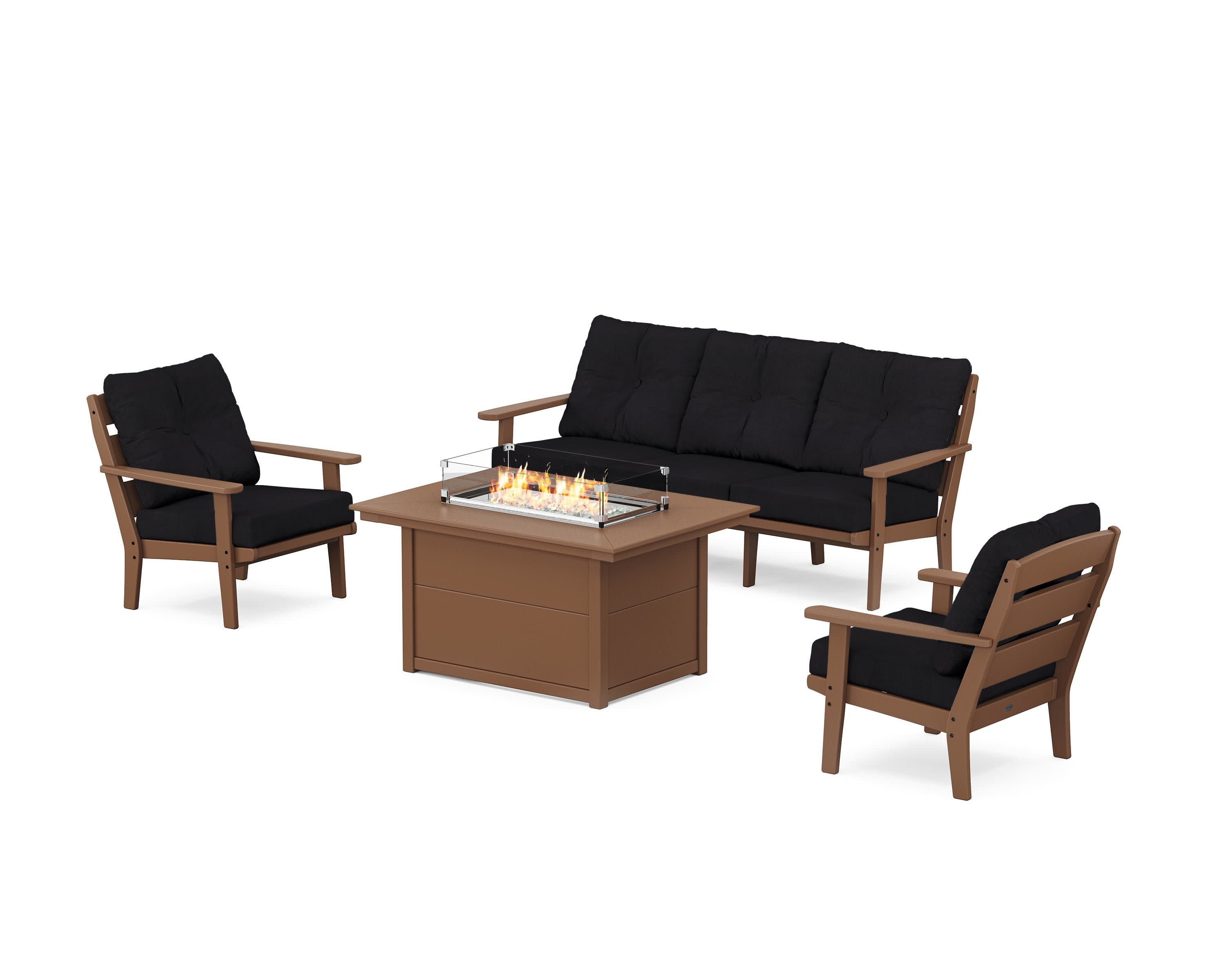 Lakeside Deep Seating Fire Pit Table Set in Teak / Midnight Linen