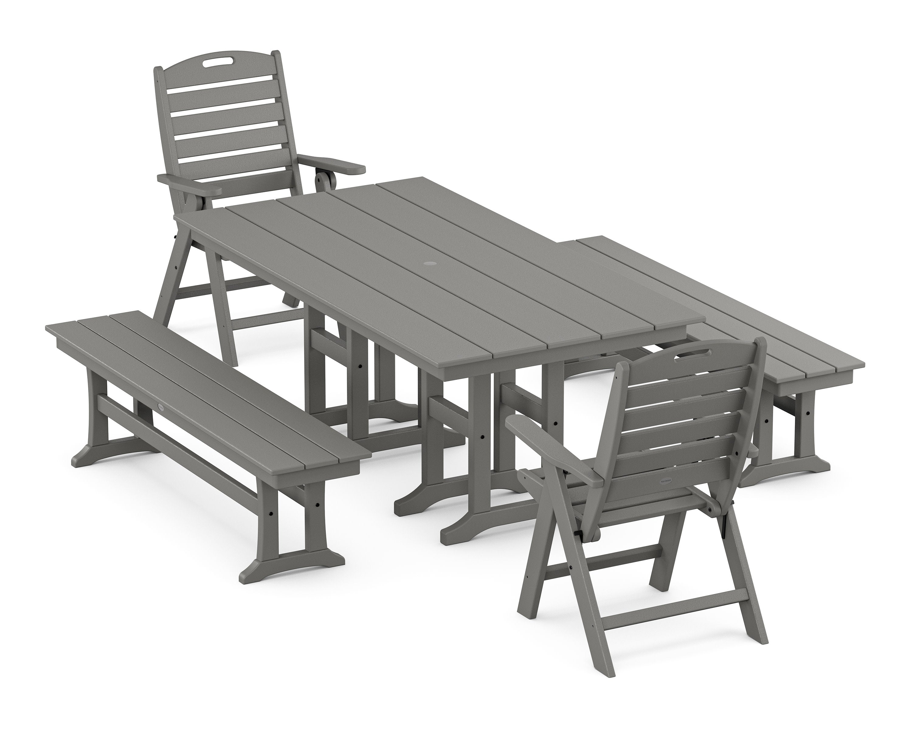 Nautical Highback 5-Piece Farmhouse Dining Set with Benches in Slate Grey