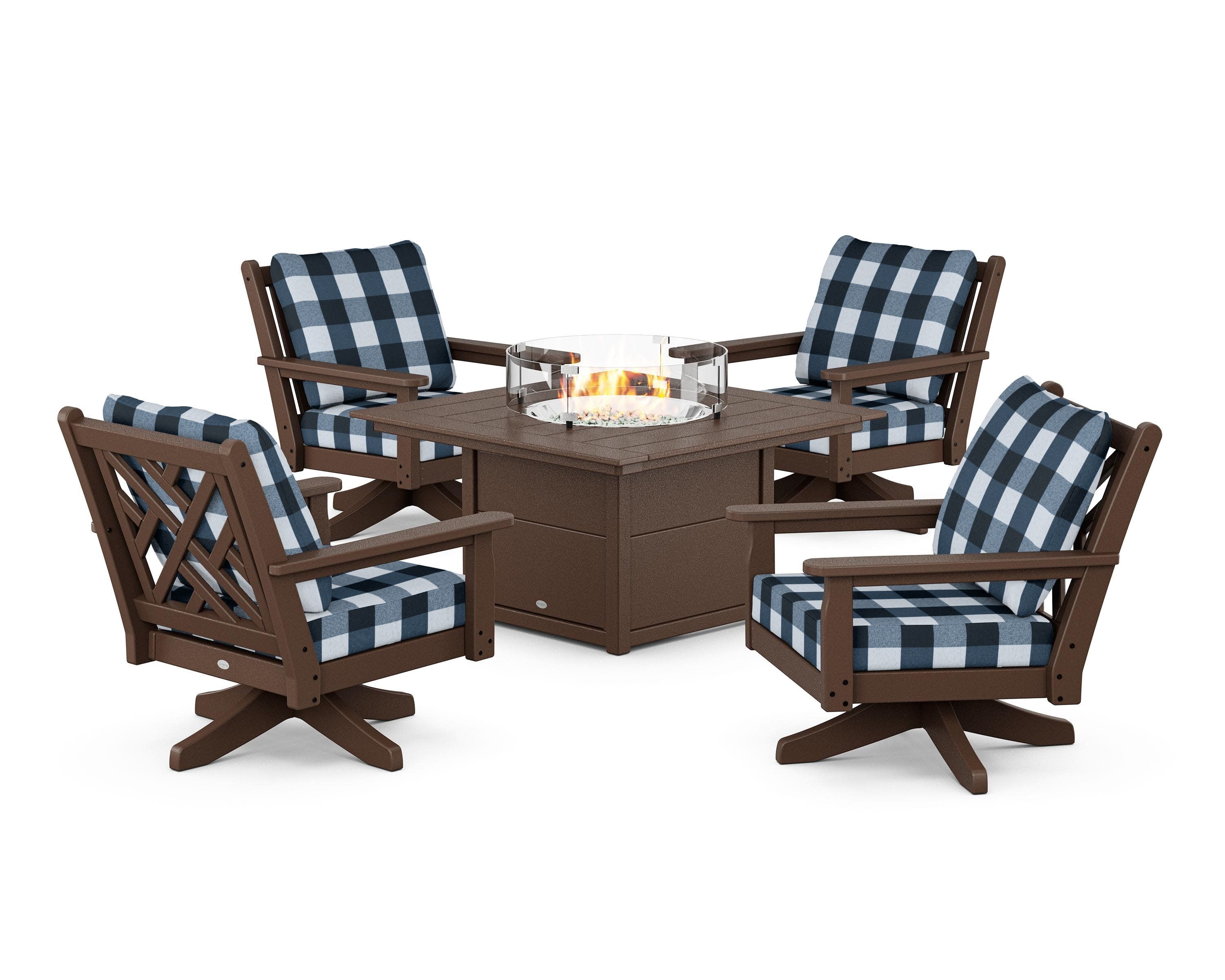 Chippendale 5-Piece Deep Seating Swivel Conversation Set with Fire Pit Table in Mahogany / Buffalo Plaid Marine Indigo