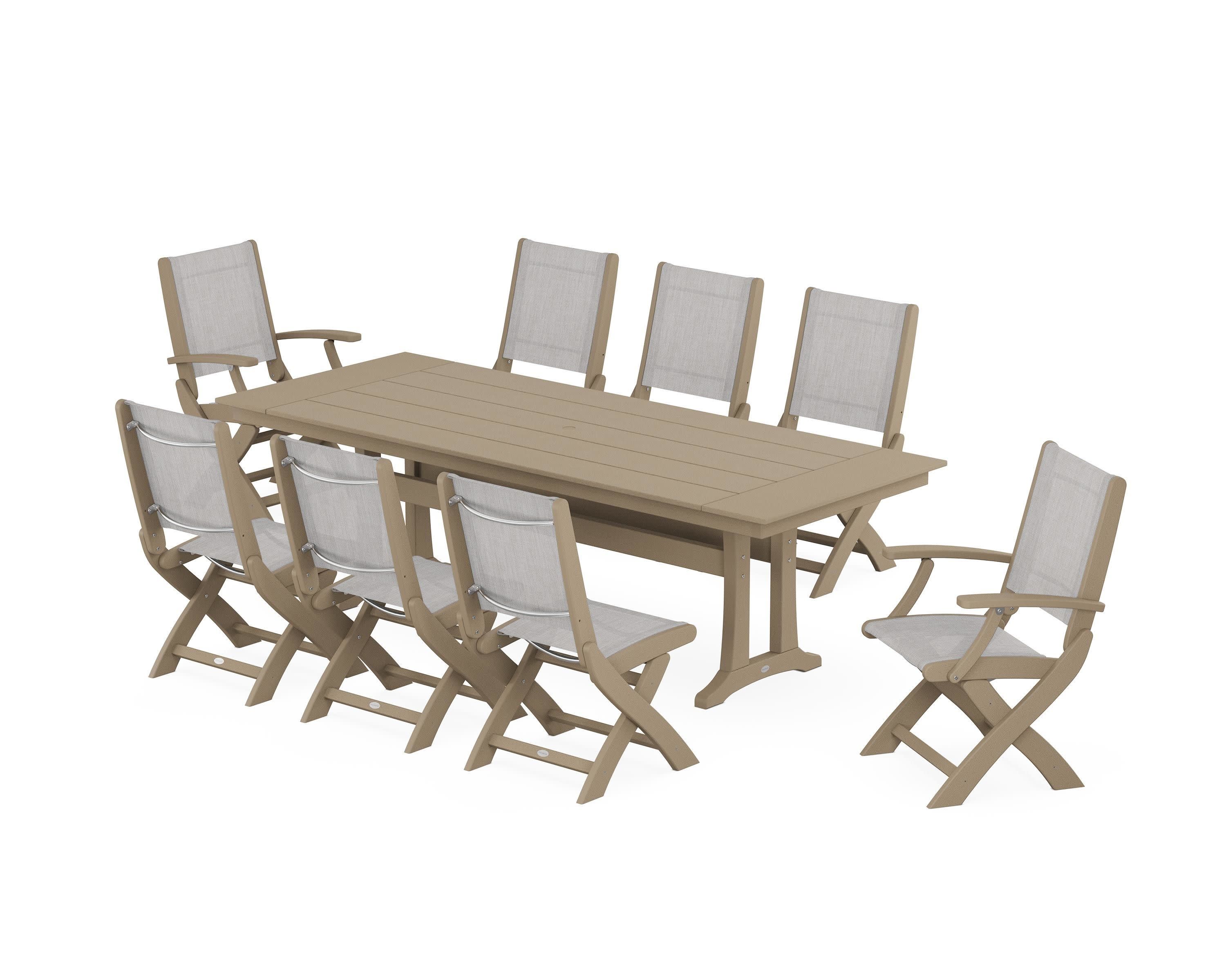 Coastal 9-Piece Folding Dining Chair Farmhouse Dining Set with Trestle Legs in Vintage Sahara / Parchment Sling
