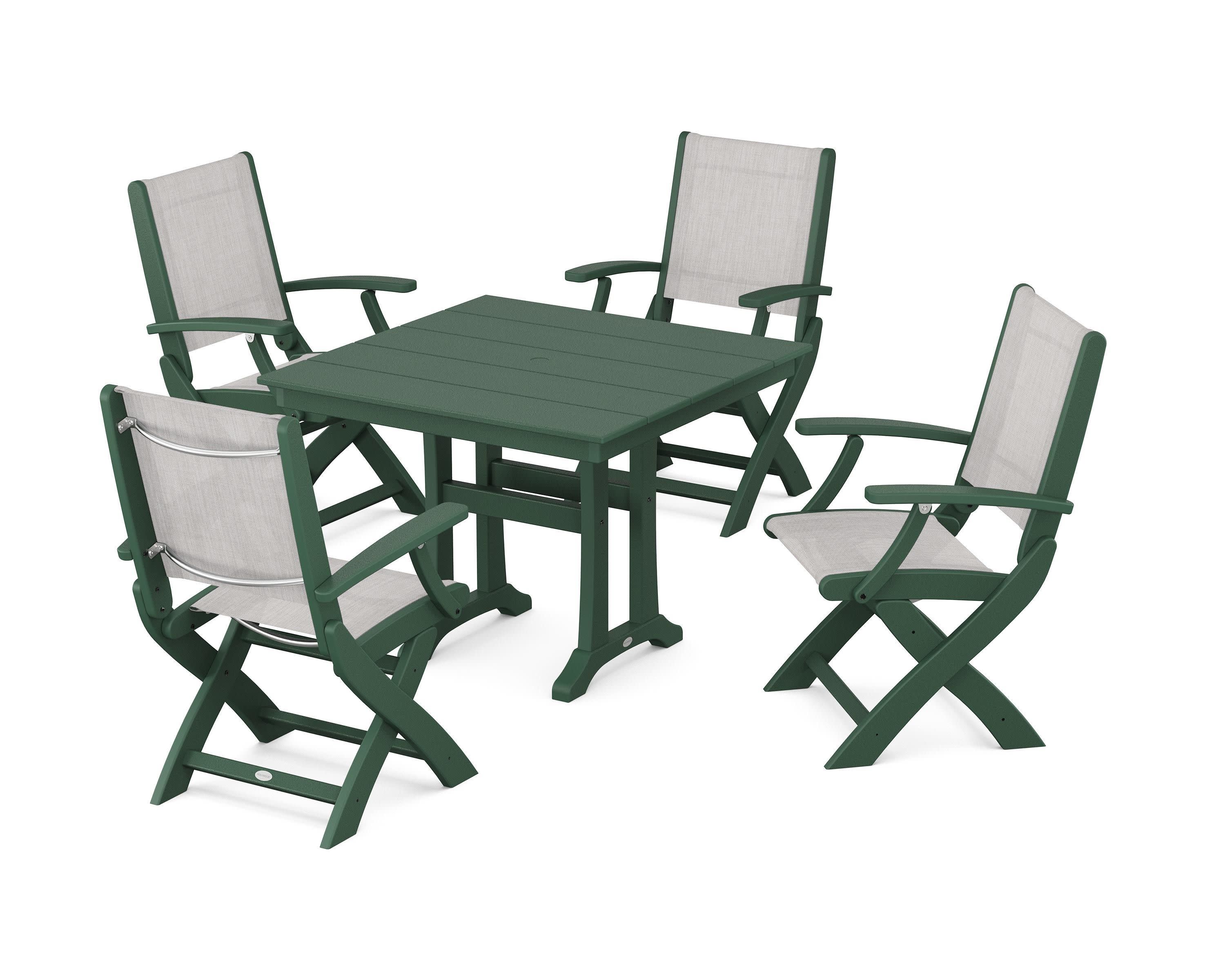 Coastal Folding Chair 5-Piece Farmhouse Dining Set With Trestle Legs in Green / Parchment Sling
