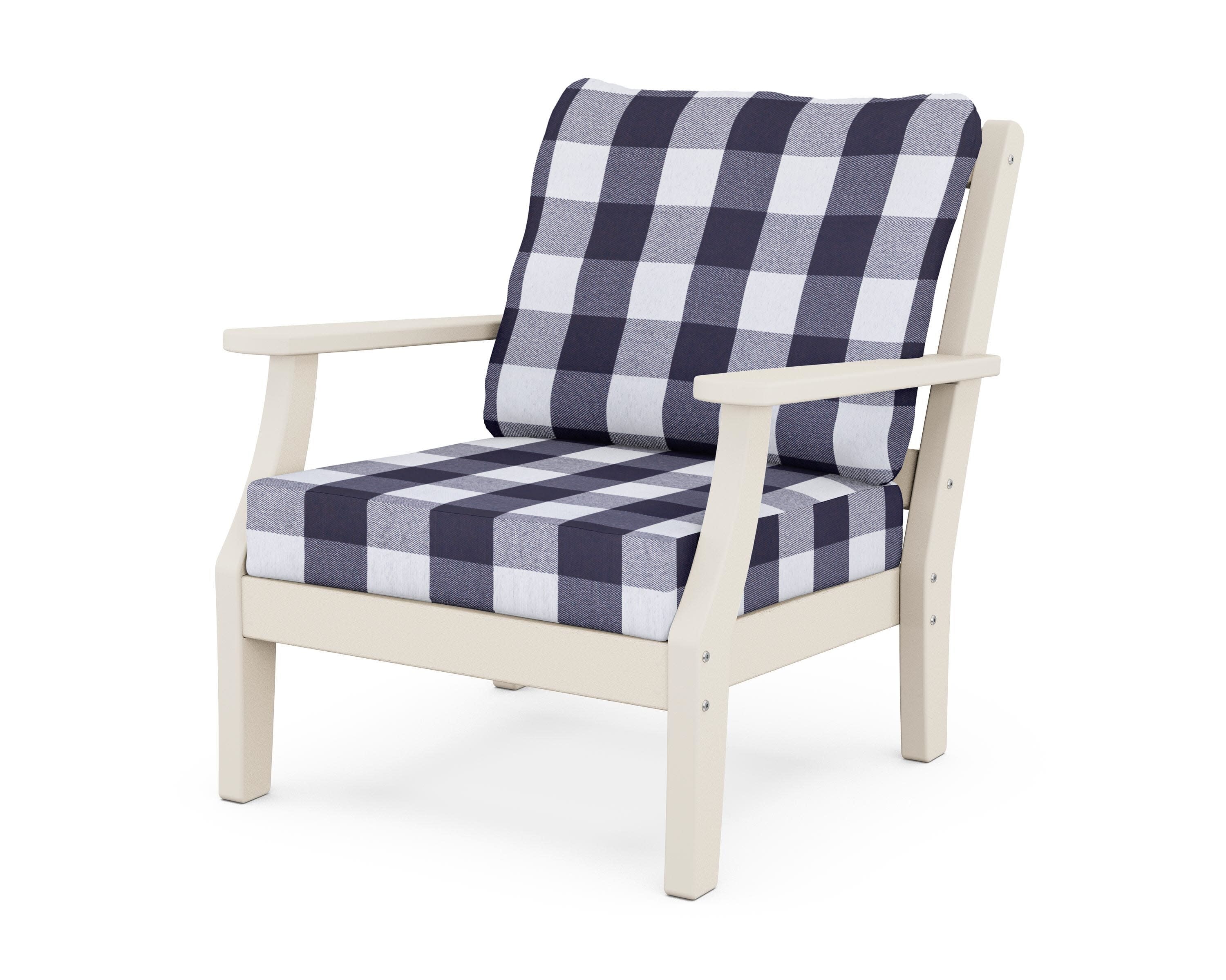 Chinoiserie Deep Seating Chair in Sand / Buffalo Plaid Navy
