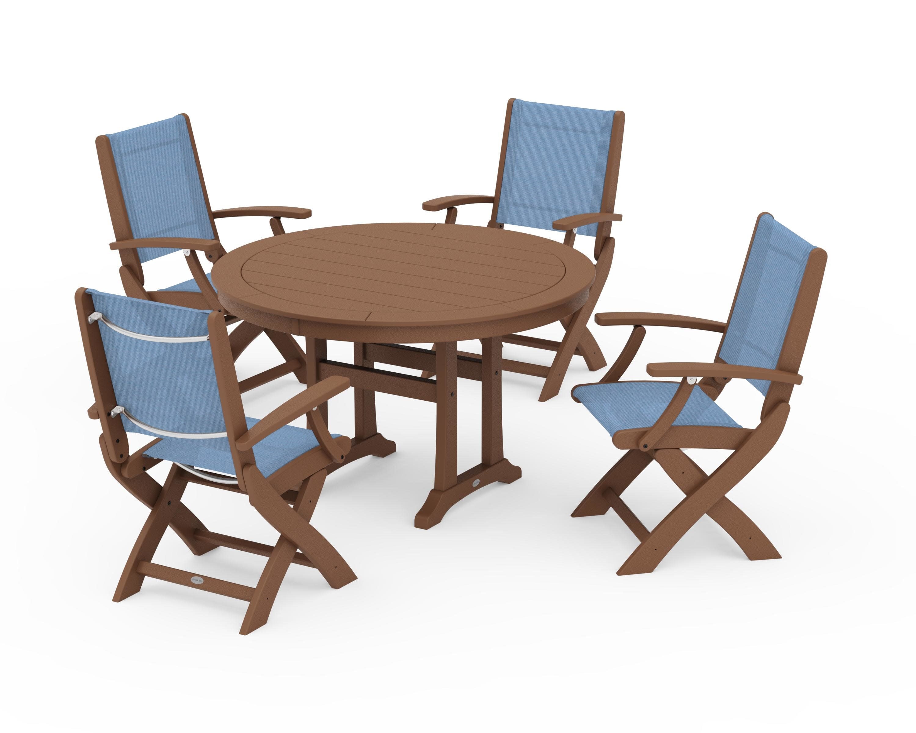 Coastal Folding Chair 5-Piece Round Dining Set with Trestle Legs in Teak / Poolside Sling