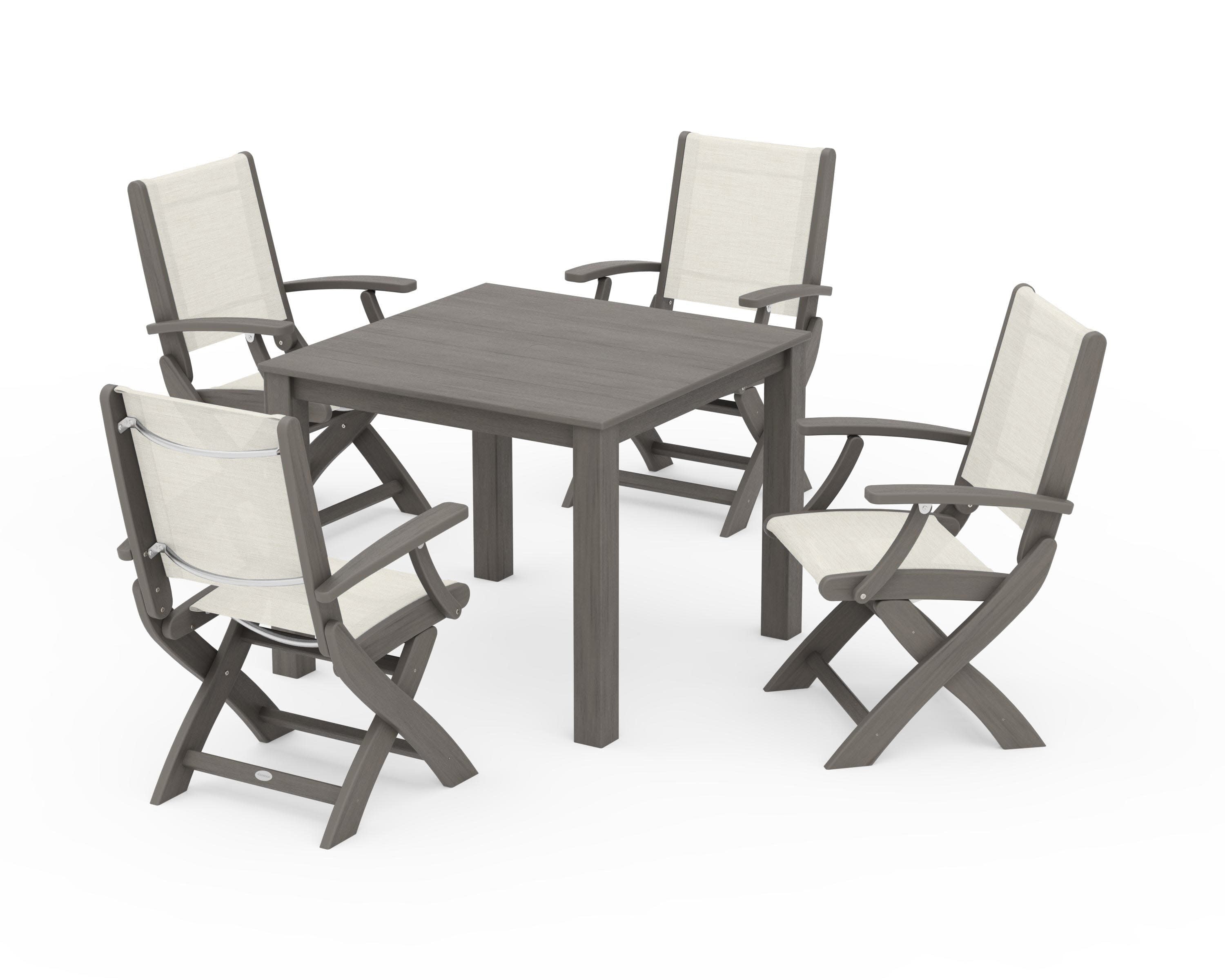 Coastal Folding Chair 5-Piece Parsons Dining Set in Driftwood / Parchment Sling