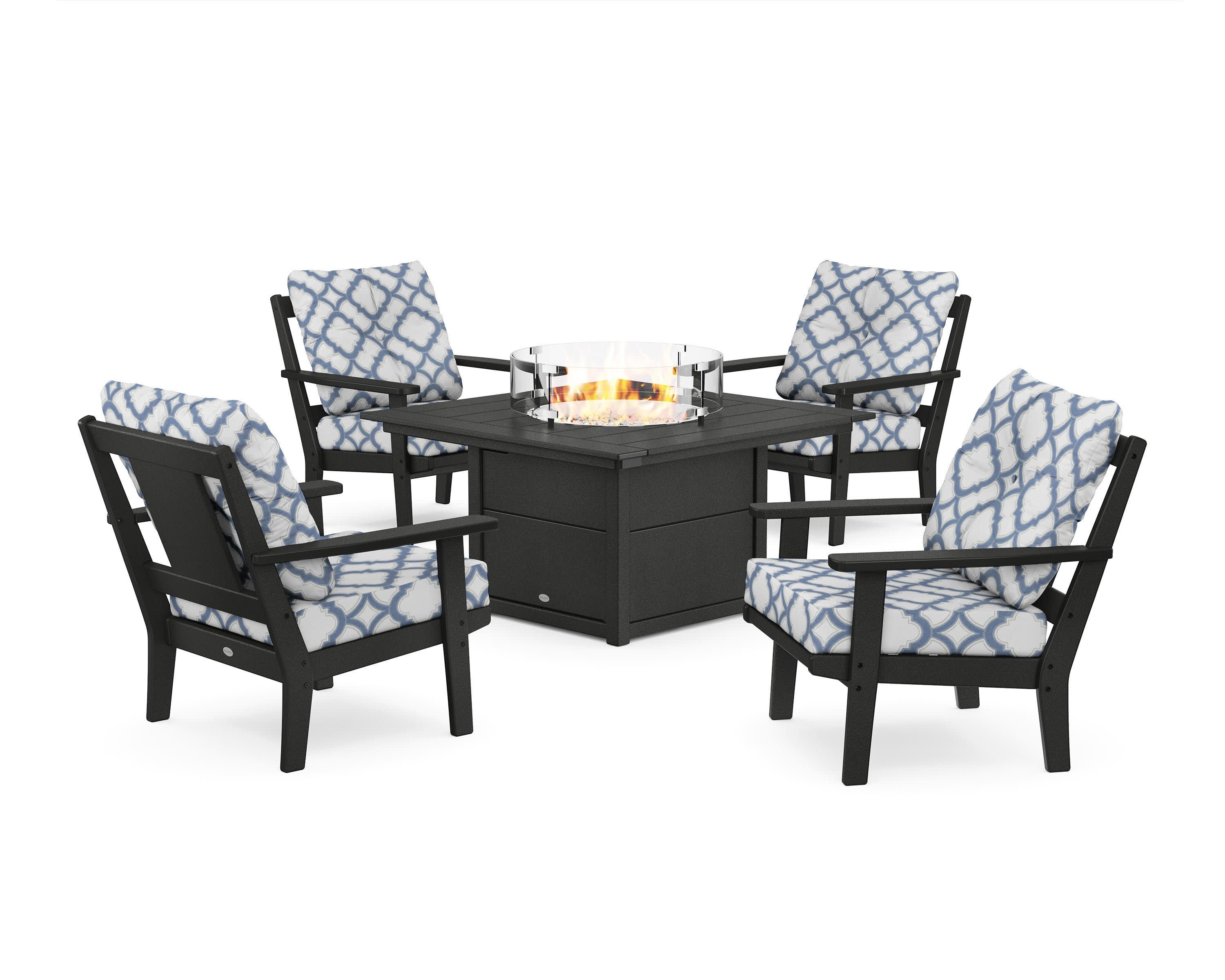 Prairie 5-Piece Deep Seating Set with Fire Pit Table in Black / Trellis Sky Blue