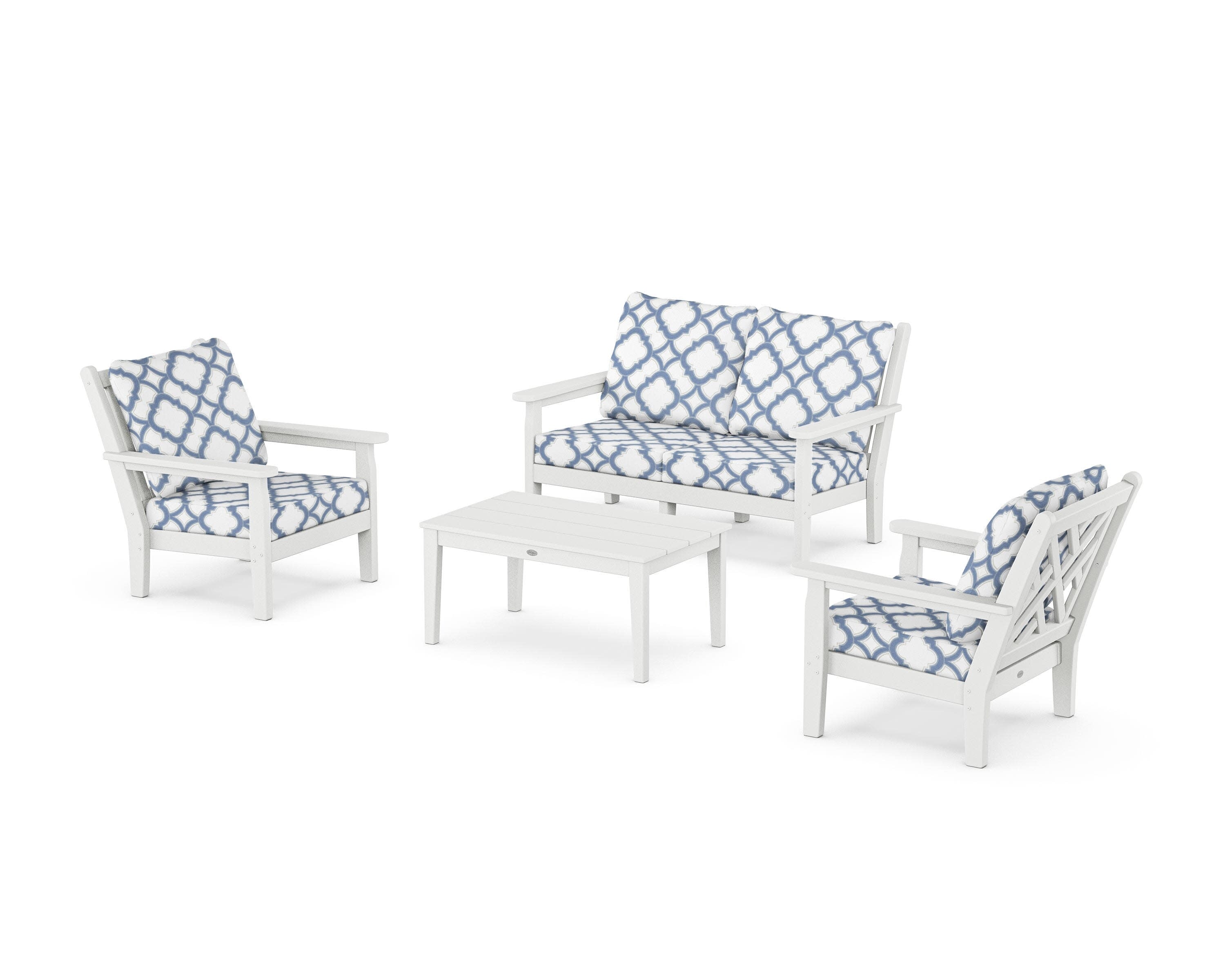 Chippendale 4-Piece Deep Seating Set with Loveseat in White / Trellis Sky Blue
