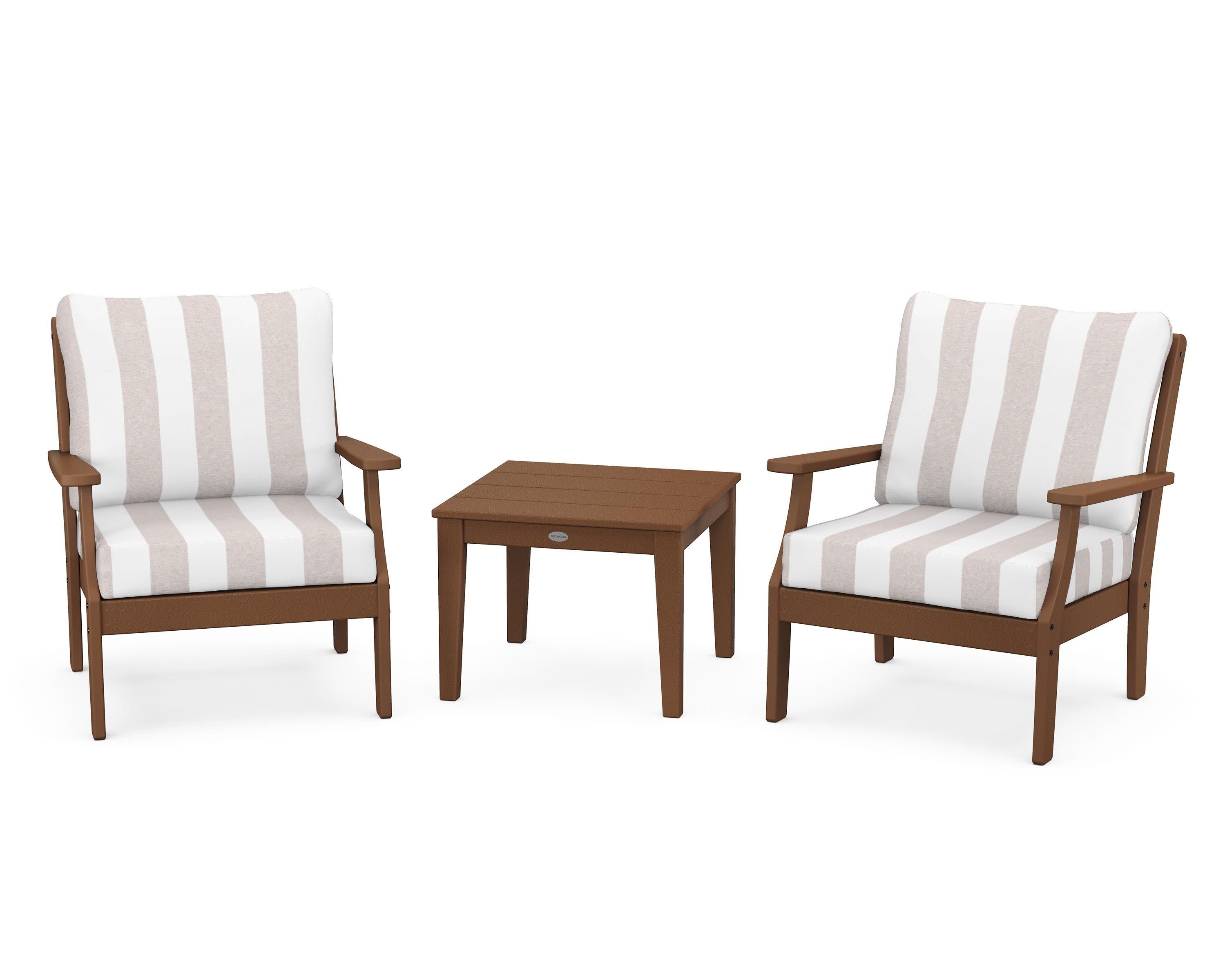 Braxton 3-Piece Deep Seating Set in Teak / Cabana Stripe Dune Burlap