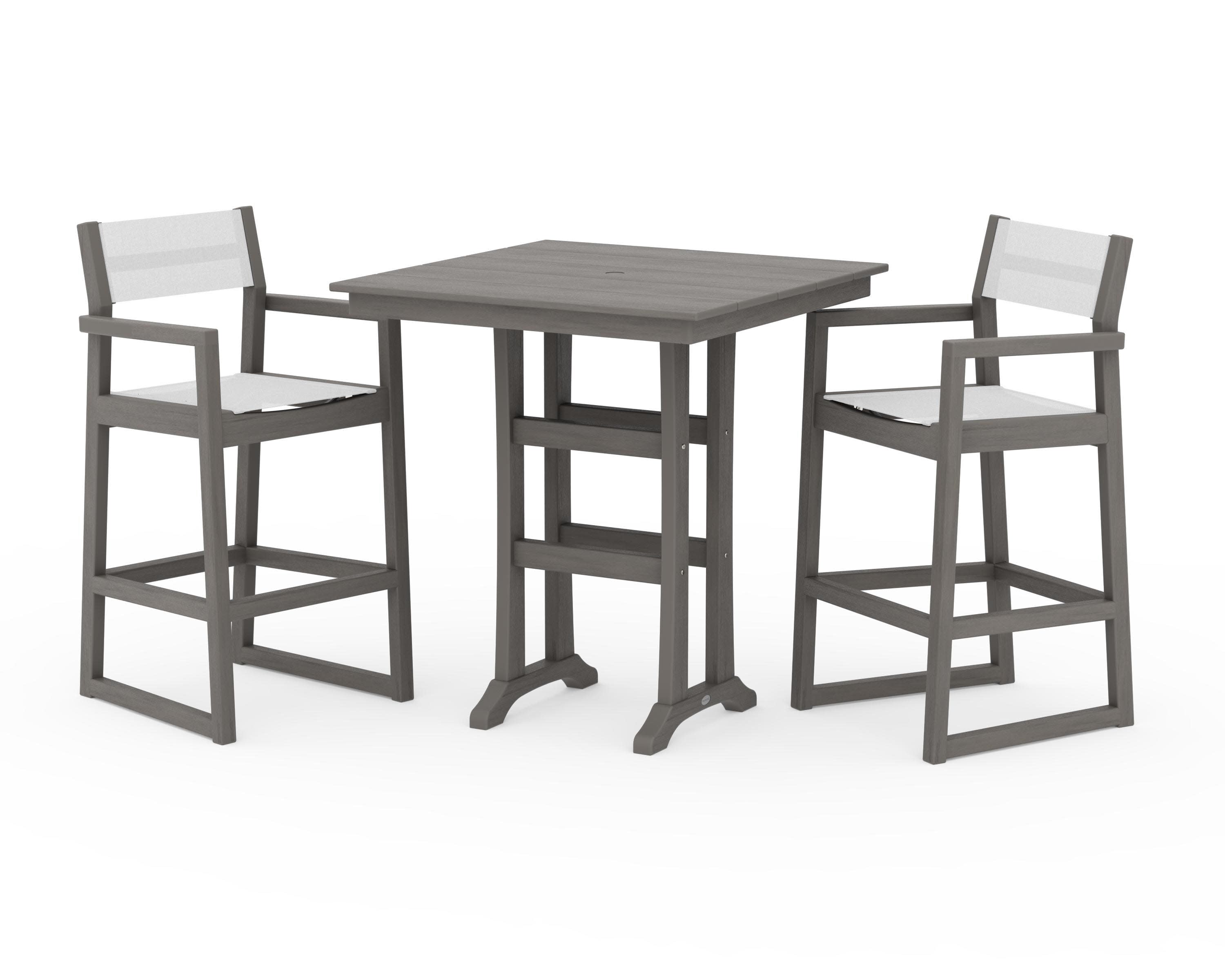 EDGE Sling Arm Chair 3-Piece Farmhouse Bar Set with Trestle Legs in Driftwood / White Sling