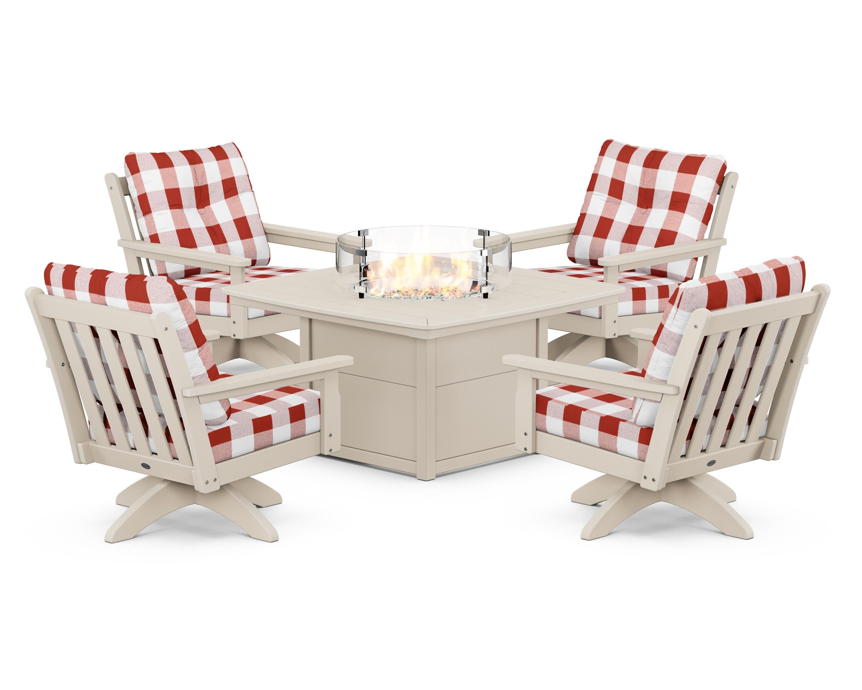 Vineyard 5-Piece Deep Seating Swivel Conversation Set with Fire Pit Table in Sand / Buffalo Plaid Crimson