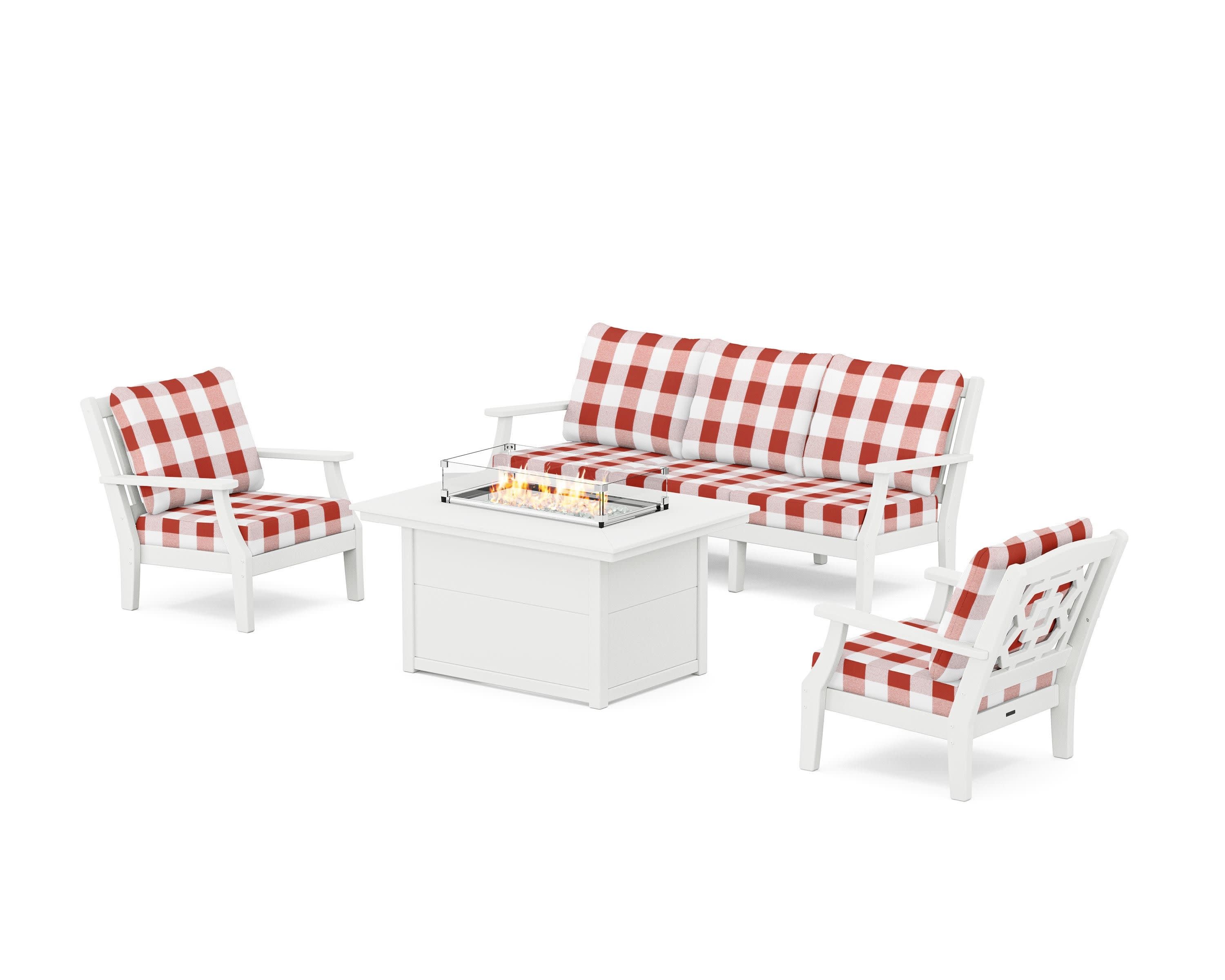 Chinoiserie Deep Seating Fire Pit Table Set in White / Buffalo Plaid Crimson