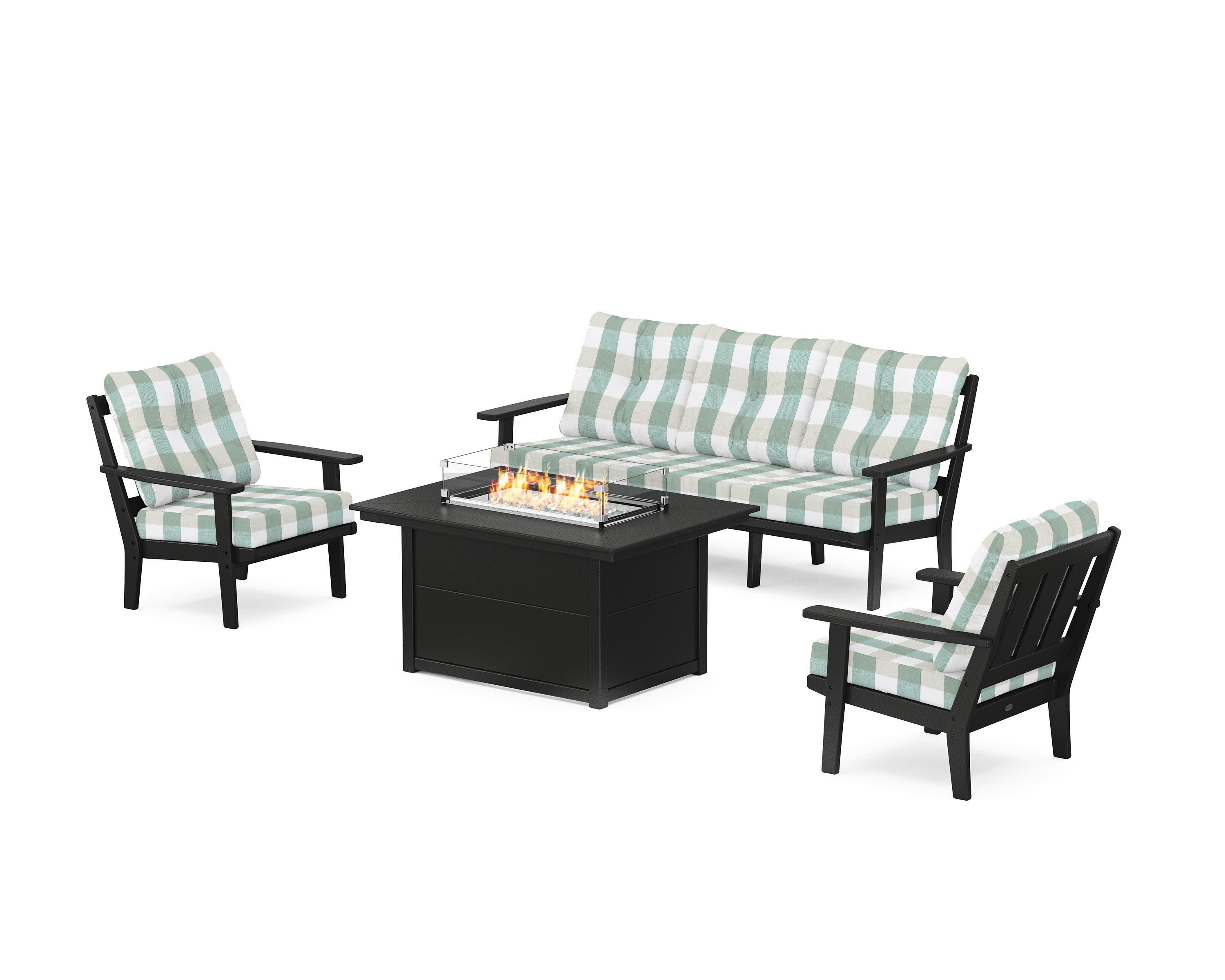Oxford Deep Seating Fire Pit Table Set in Black / Buffalo Plaid Glacier Spa